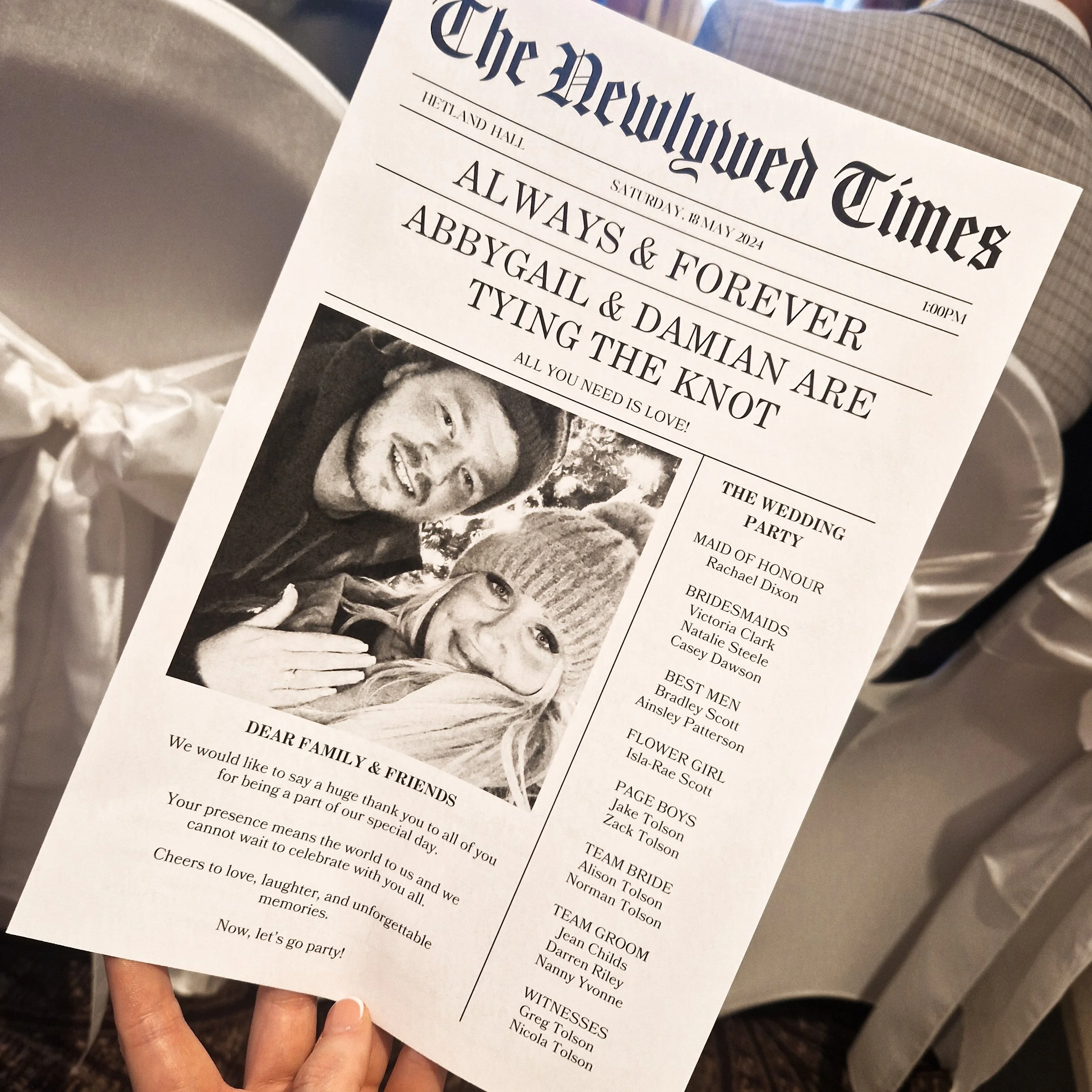 Wedding Newspaper at Hetland Hall Scotland on Saturday, May 18, 2024. Features black-and-white photo of the couple, a list of wedding party members, and a message to family and friends.