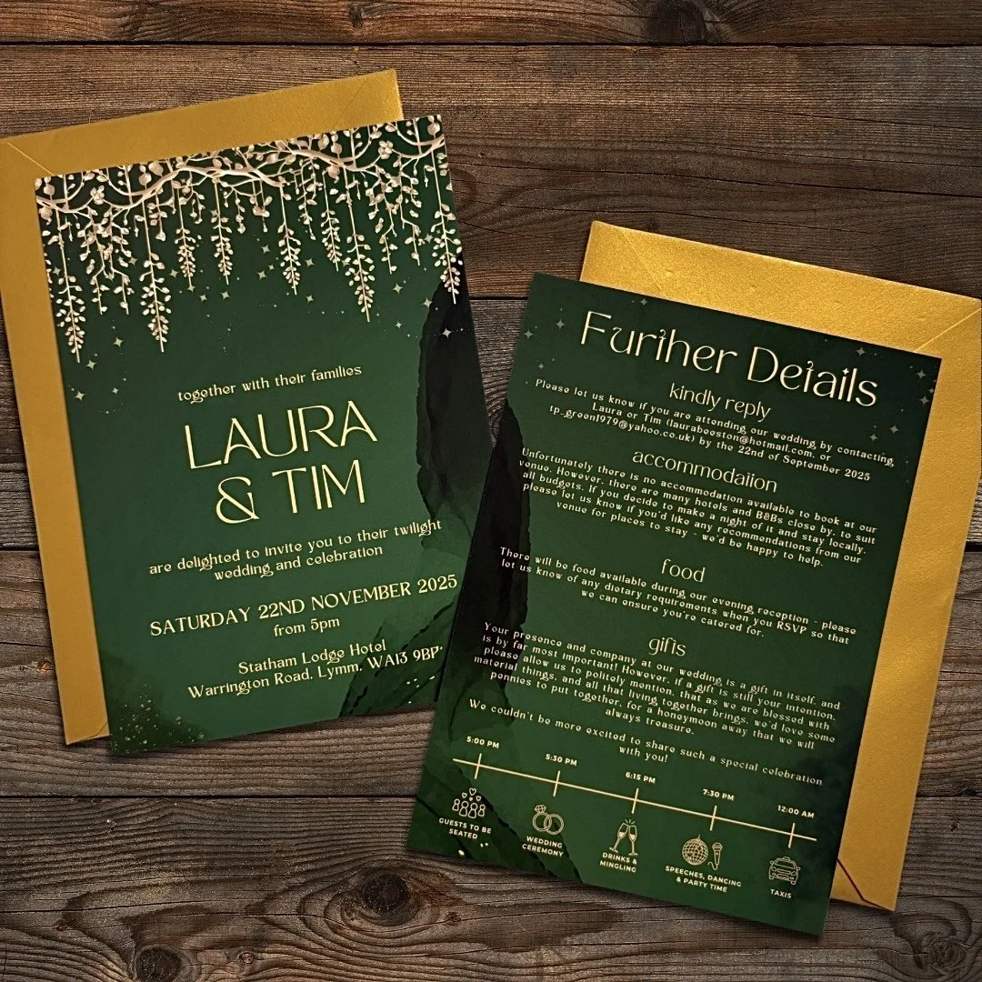 Double Sided Wedding Invitation for Laura and Tim's November wedding at Statham Lodge Hotel. The card has a green background with gold decorative elements and gold lettering, placed on a wooden surface.