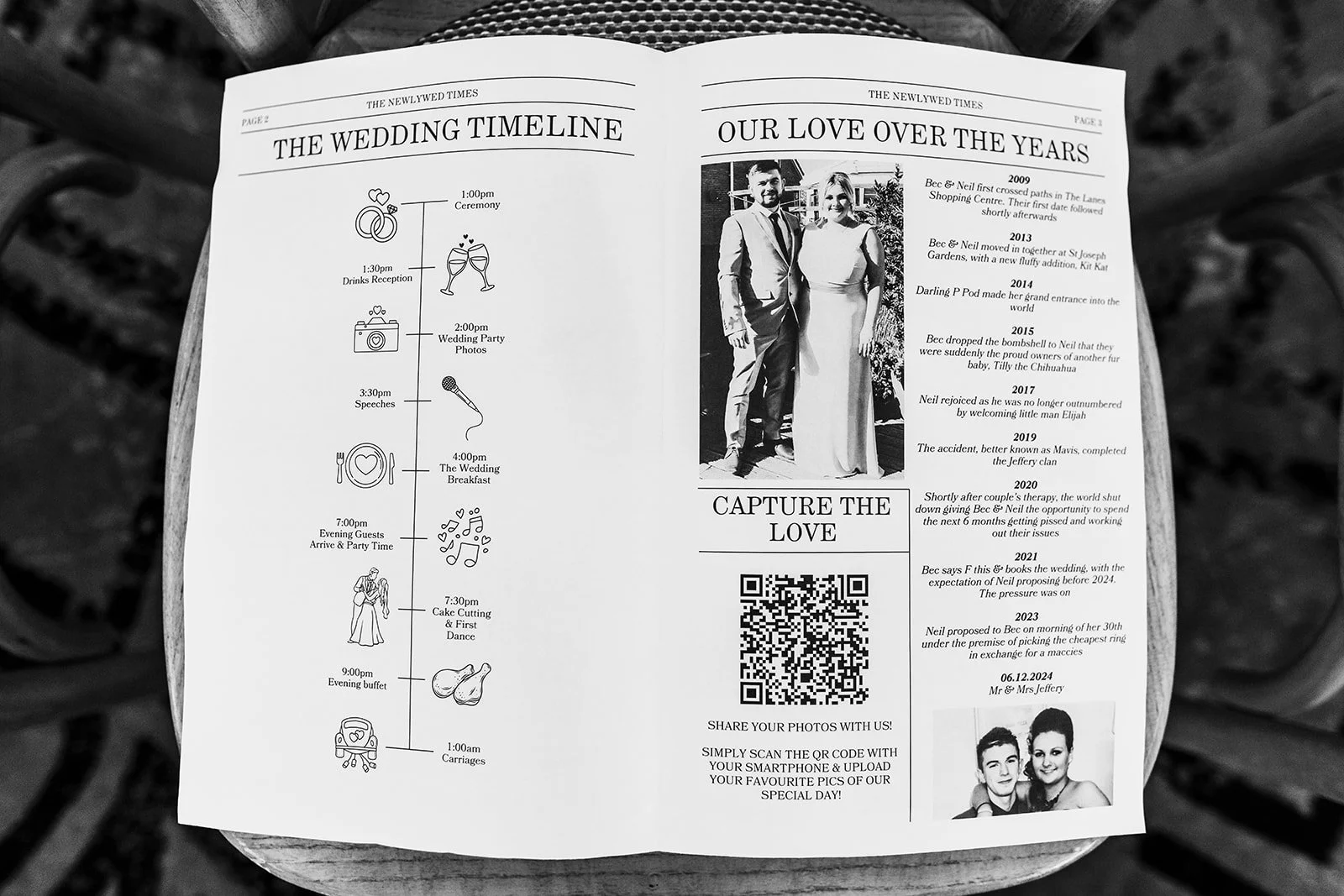 A wedding program with a timeline of events, a black and white photo of a couple, a QR code, and a photo of a couple at the bottom. The program is titled "THE WEDDING TIMELINE" and "OUR LOVE OVER THE YEARS."