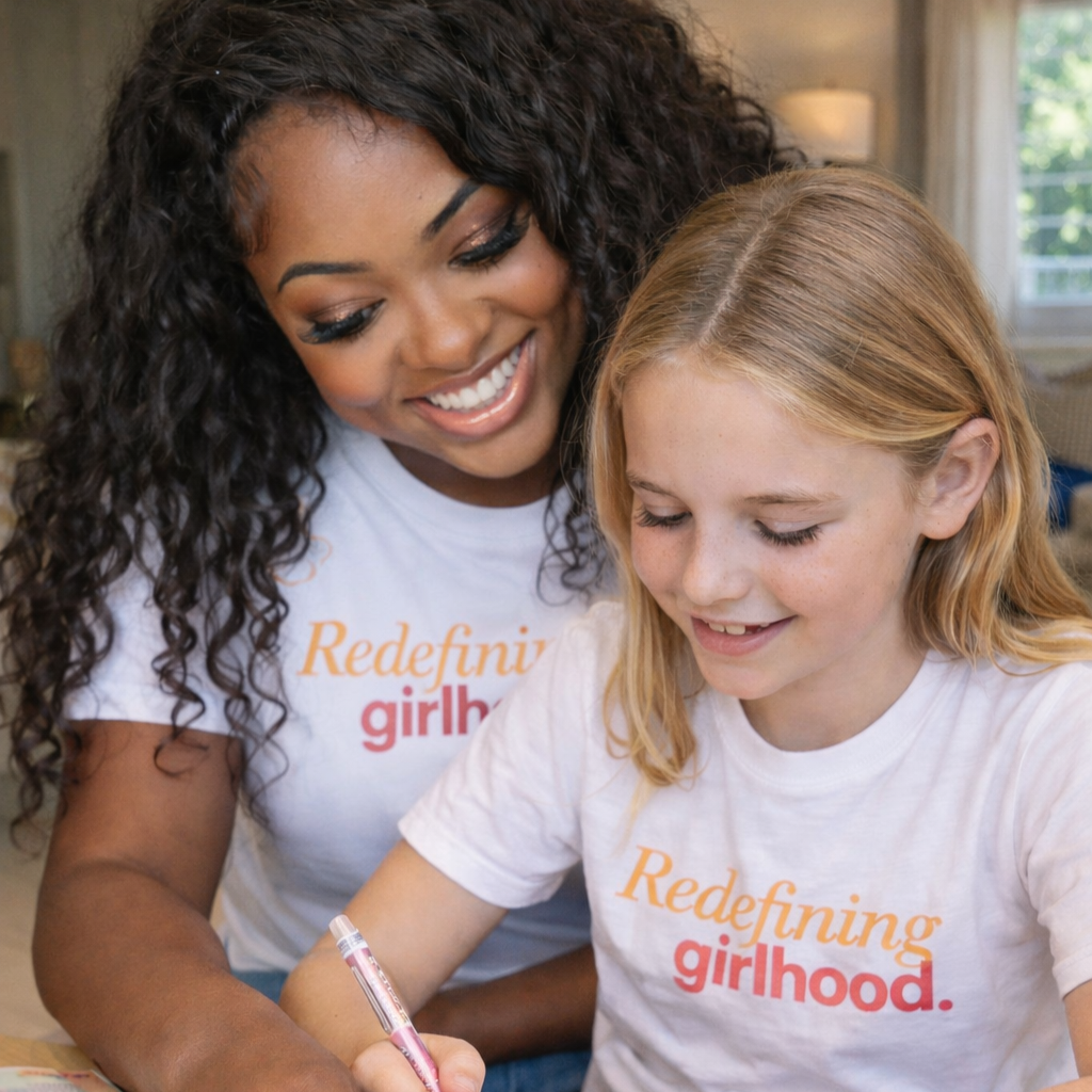 A woman and a girl smiling together, both wearing white T-shirts with the slogan 'Redefining girlhood.' They are engaging in an activity, with the girl holding a pen and the woman leaning in to assist or observe, in a cozy, well-lit room.