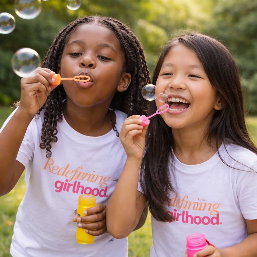 Two girls blowing bubbles outdoors, wearing white t-shirts that say 'Redefining Girlhood,' with green trees in the background.