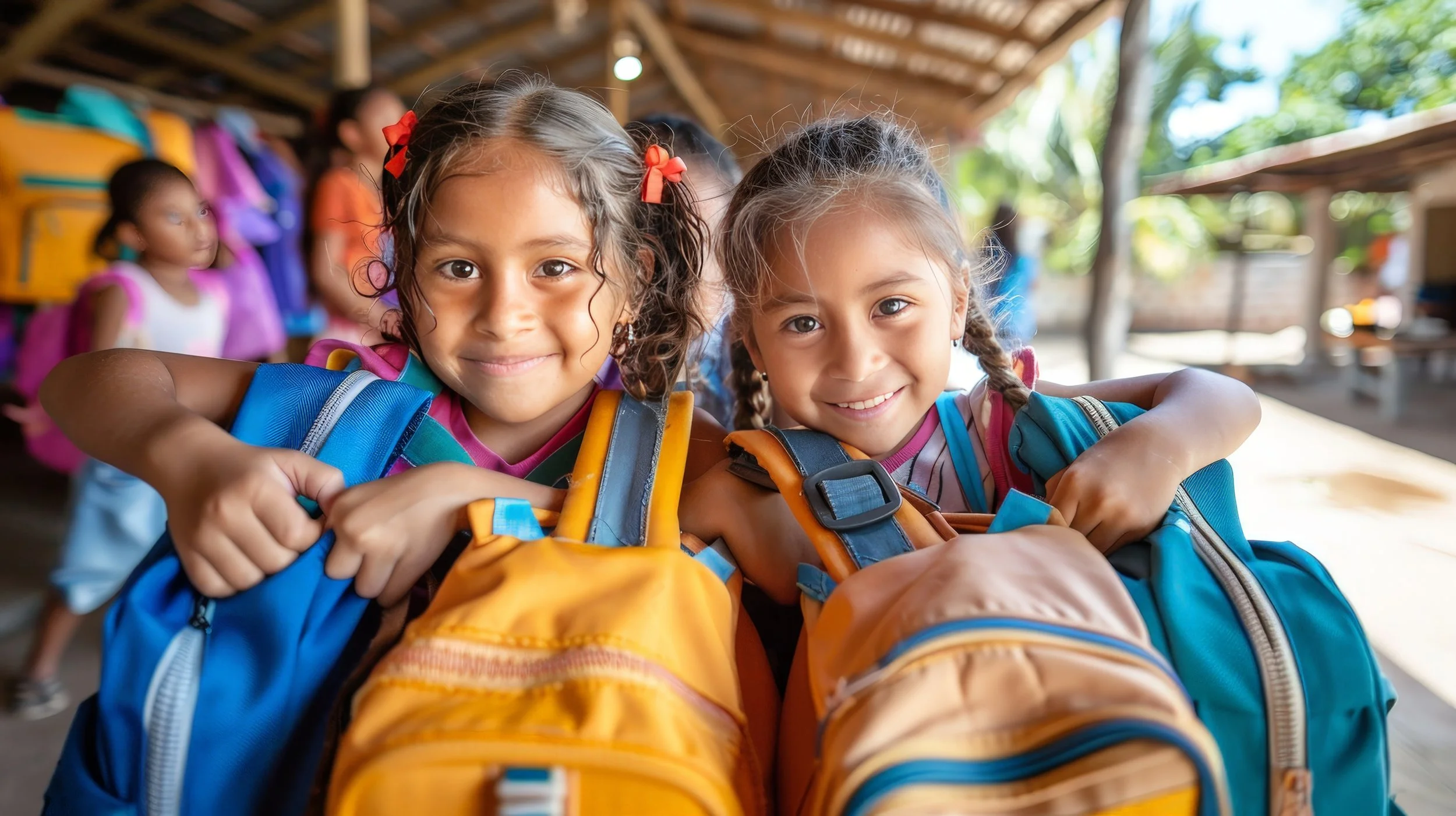 Niñas recibiendo dotación escolar