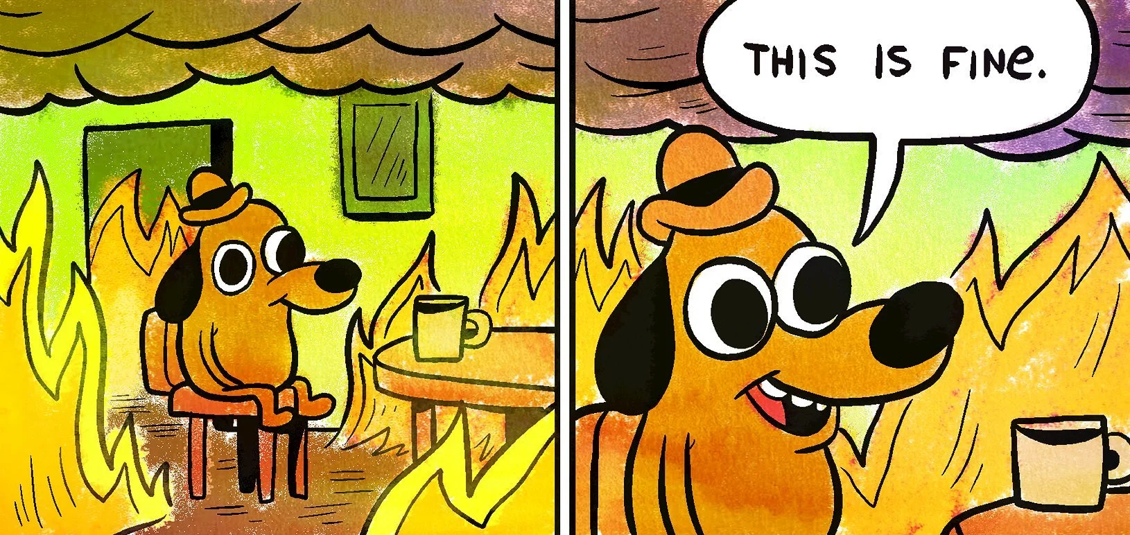 The 'This Is Fine' meme of a dog sitting in a burning room, representing a woman convincing herself everything is fine while questioning her relationship with alcohol