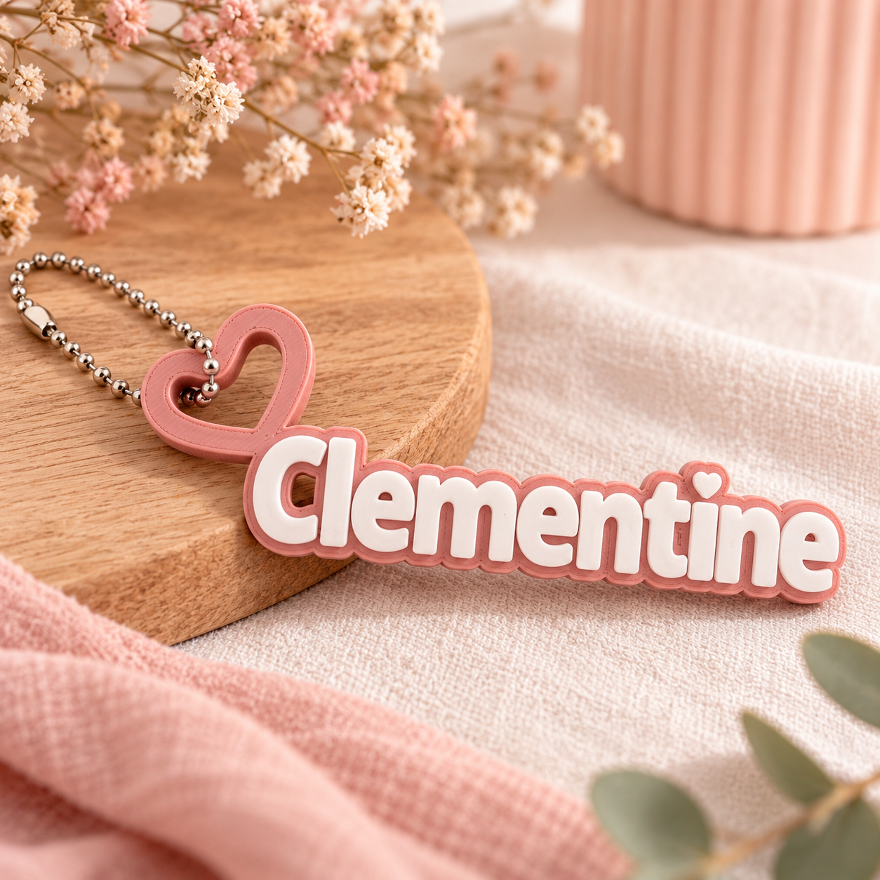 Porte-clés Prénom Personnalisé 3D – Rose & Blanc KC-006