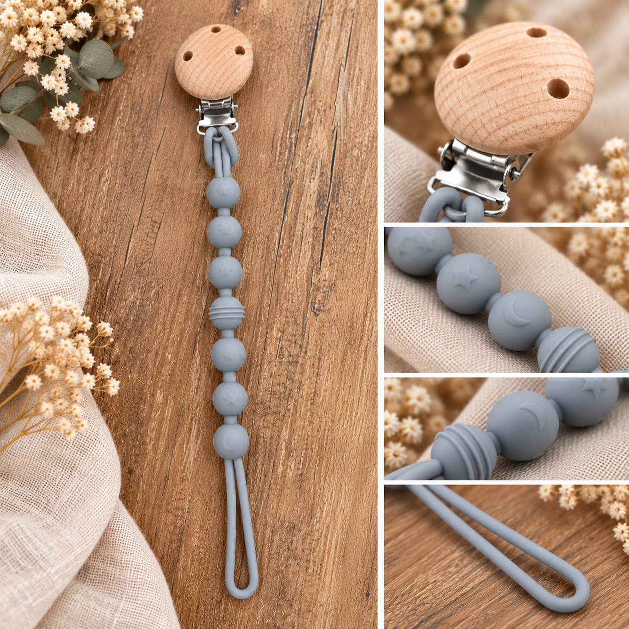 Natural Grey Silicone Pacifier Clip Collage.png