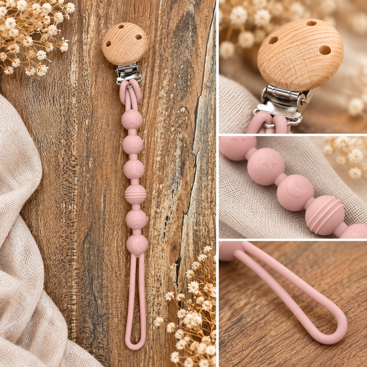 Dusty Pink Silicone Teether Clip Collage.png