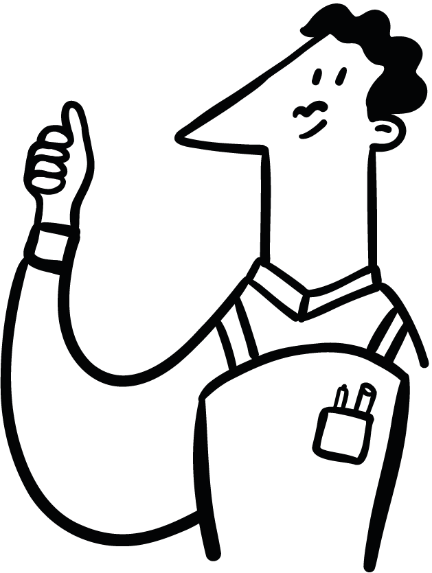 Zeichnung eines Mannes, der einen Daumen nach oben zeigt, mit einem Kabel und einem Stecker auf der Kleidung.