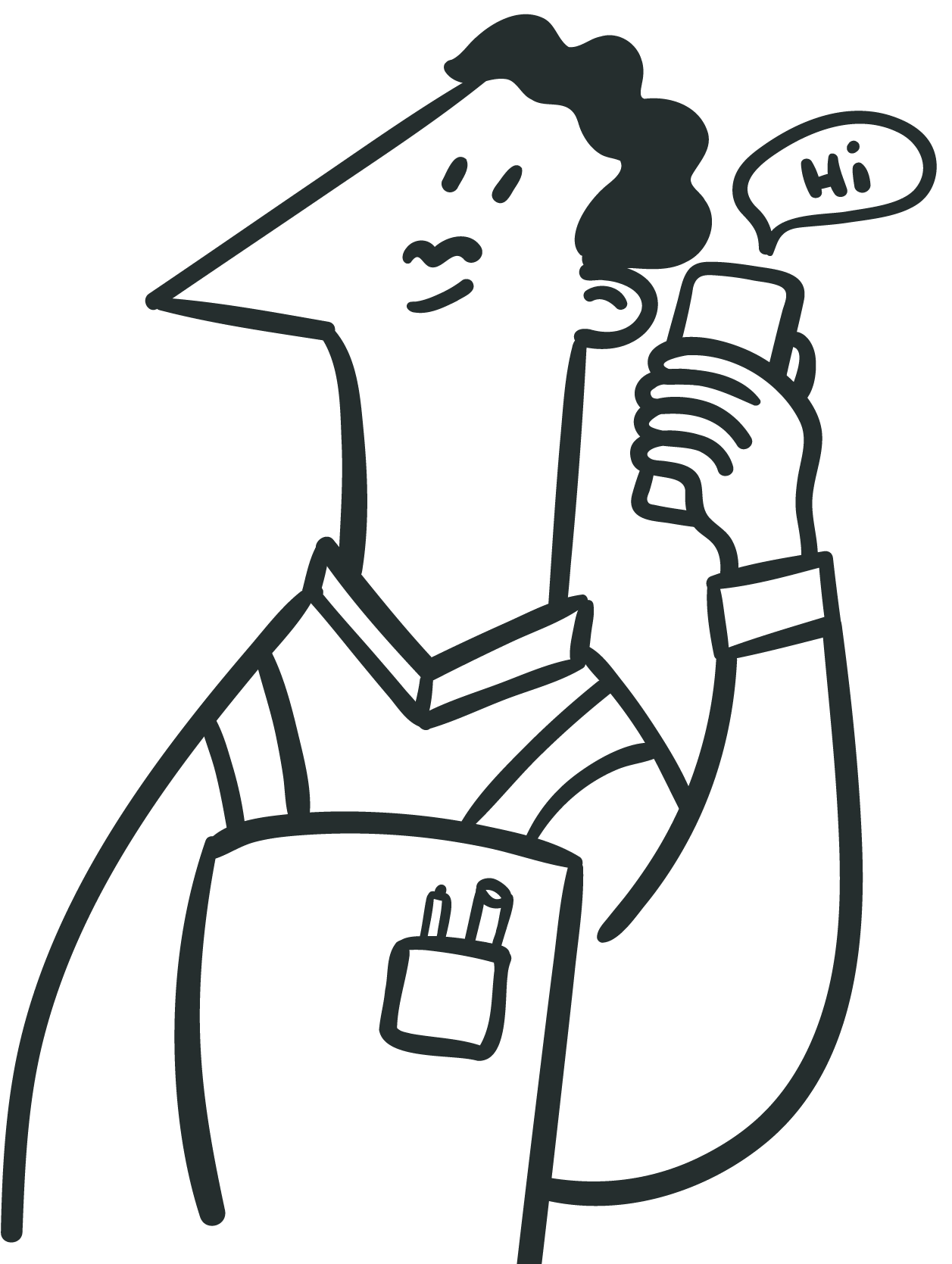 Eine Illustration von dem Handwerker Mo. Mo trägt einen Blaumann und hält ein Handy in der Hand. Eine Stimme aus dem Handy sagt Hi! Mo sieht freundlich und sympathisch aus.