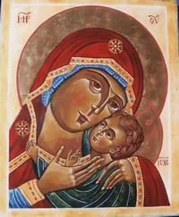 Icône religieuse représentant la Vierge Marie tenant l'Enfant Jésus.