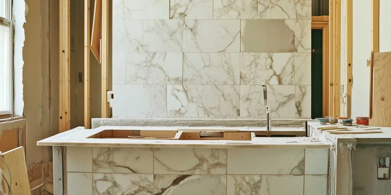 Kitchen under construction with marble countertops and backsplash, wooden framing, and a single faucet.