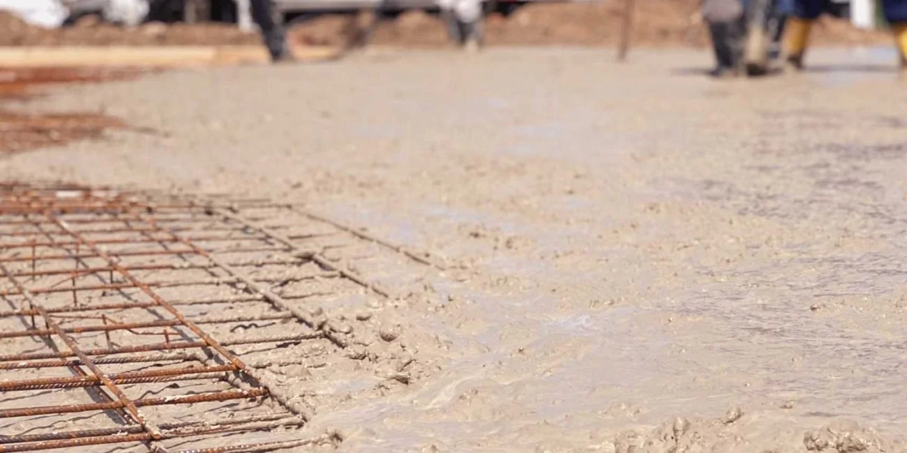 Close-up of wet concrete with metal rebar grid and construction workers in the background.