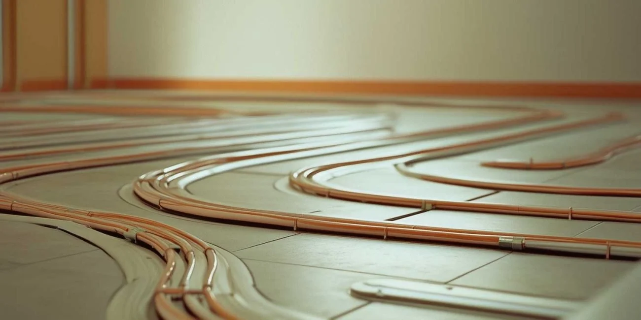 Close-up of copper pipes arranged in a model layout on a tiled floor, likely part of a plumbing or heating system setup.