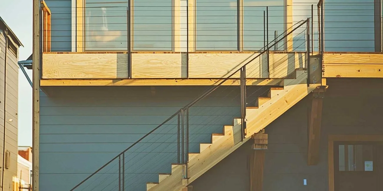Exterior of a house with a wooden staircase leading to a balcony with glass railing, blue siding, and visible building materials.