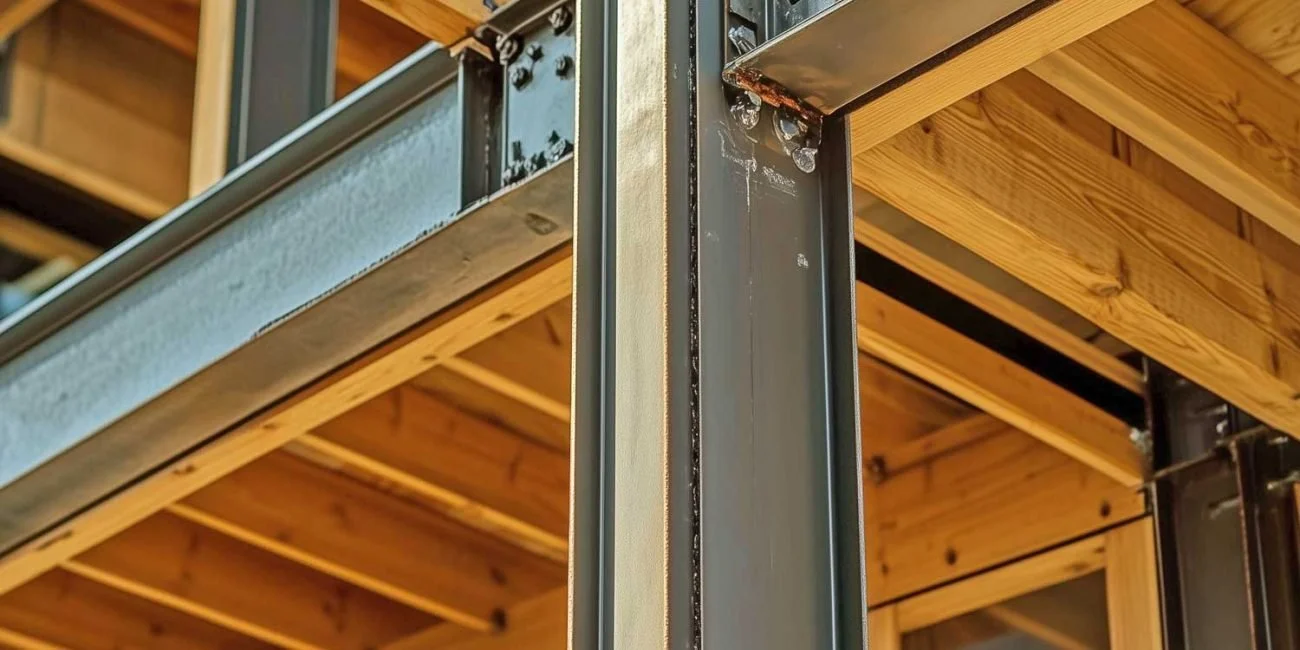Close-up of a steel building frame with welded joints and wooden ceiling panels in a construction site.