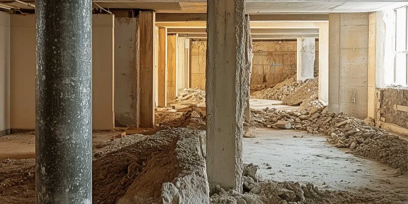 Interior view of a building under construction with exposed concrete columns and piles of dirt and debris on the floor.