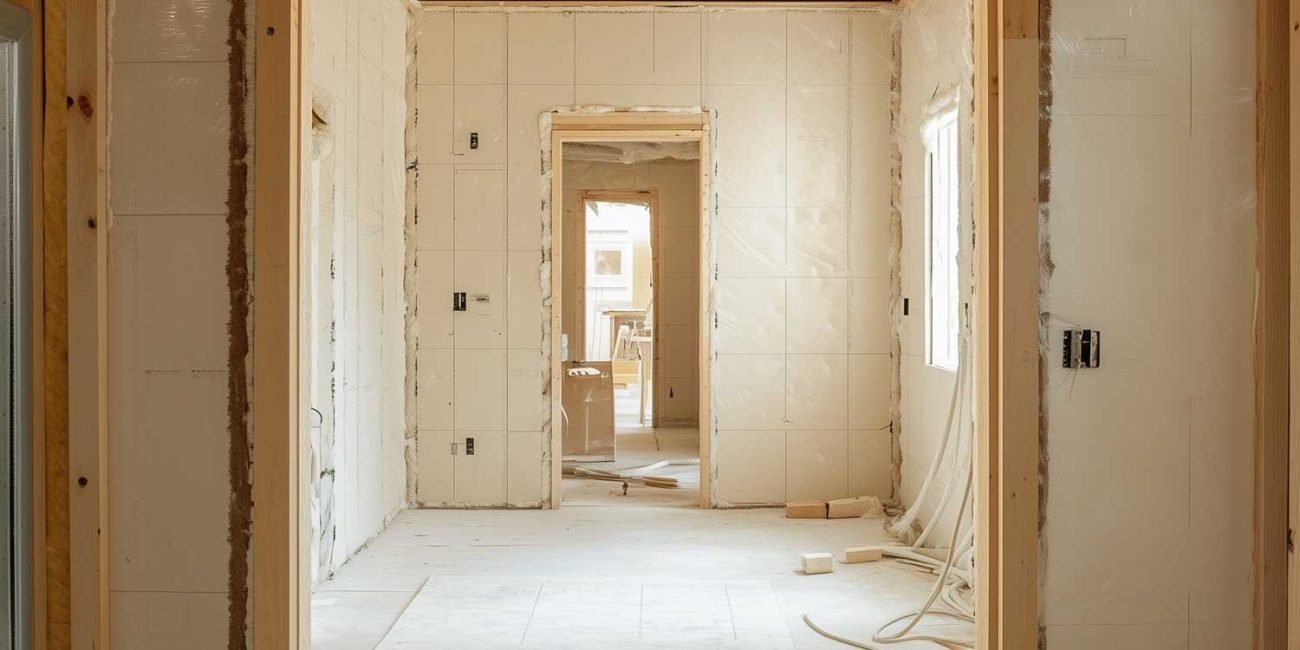 Interior view of a house under construction with drywall and framing, showing doorways leading to other rooms, with construction materials and wires on the floor.