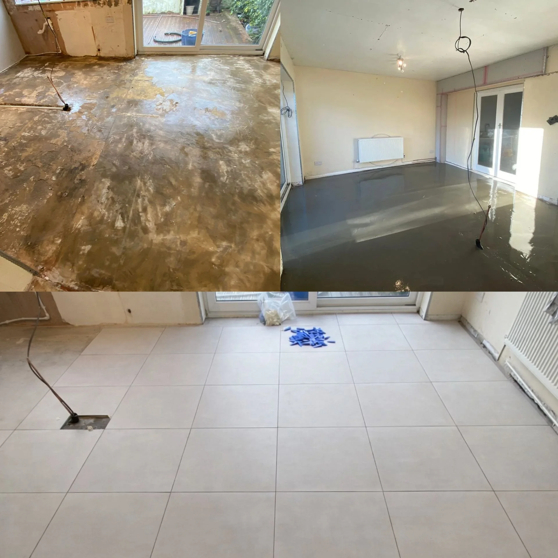 Three staged images showing a home renovation process. The first image depicts a room with an unfinished, rough wooden floor near a sliding glass door leading to an outdoor area. The second image shows a room with a newsomized concrete floor, walls painted light cream, and ongoing electrical work with wires hanging from the ceiling. The third image displays a room with a newly tiled beige floor, near a window with some cleaning materials on the floor.