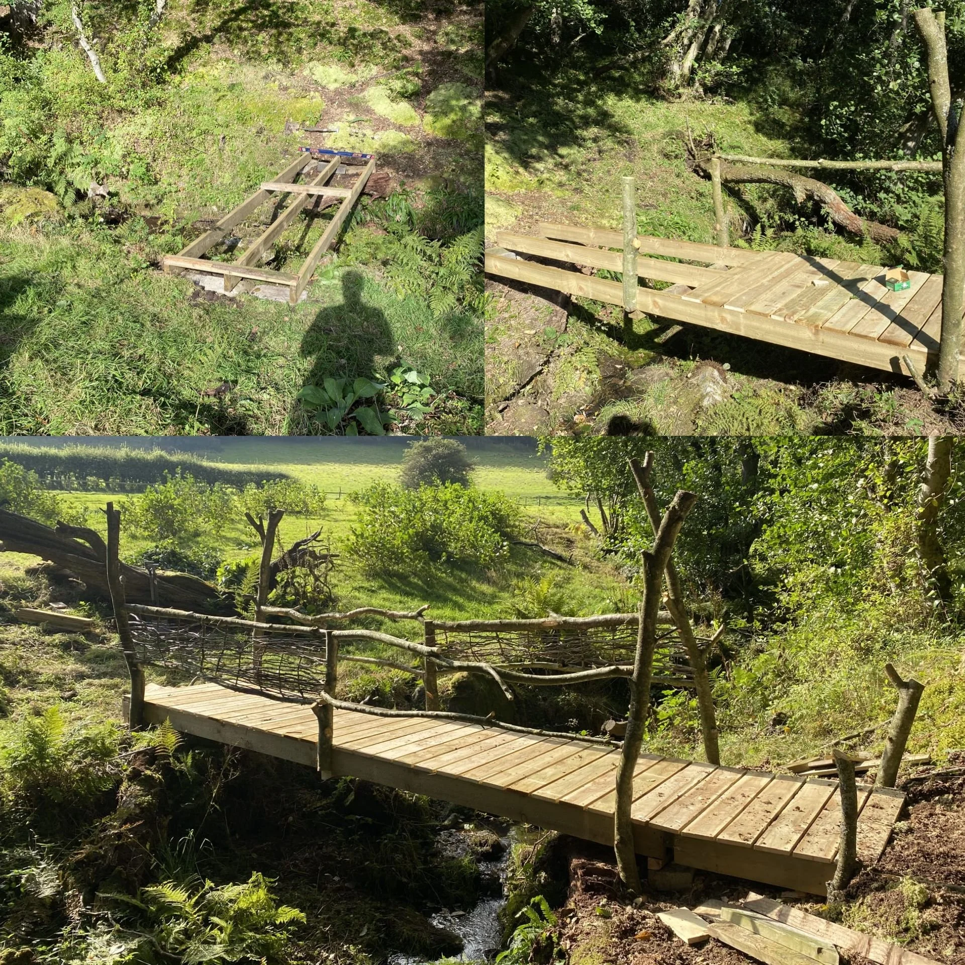 A collage of three photos showing a wooden bridge under construction in a green outdoor setting. The first photo shows the initial structure with only the frame built. The second photo shows the frame with some side rails partially installed. The third photo shows the completed bridge with a simple wooden deck and rustic wooden railings, spanning a small stream surrounded by trees and grass.