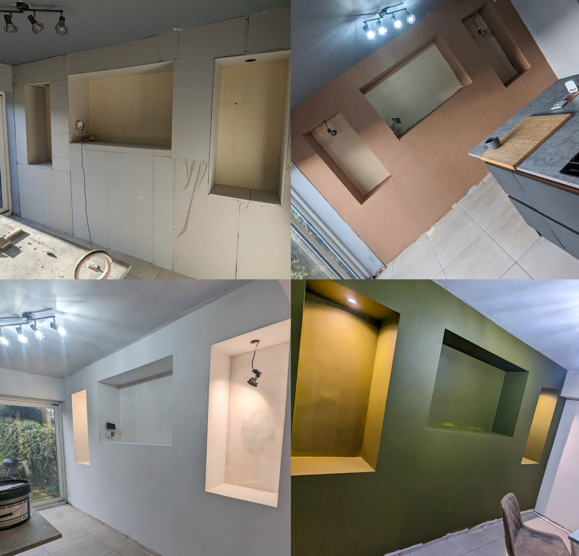 Progression of a home interior renovation showing different wall finishes and built-in wall niches in various rooms.