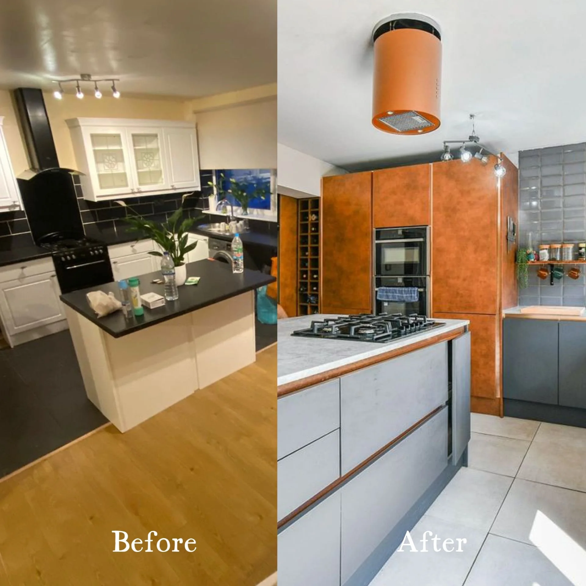Comparison of two kitchen interiors, showing a renovation or redesign. The 'Before' side features a small kitchen with white cabinets, a black countertop, a black stove, and a wooden floor. The 'After' side features a more modern kitchen with gray and orange cabinetry, a stone countertop, a built-in oven, a gas stove, and tiled flooring.