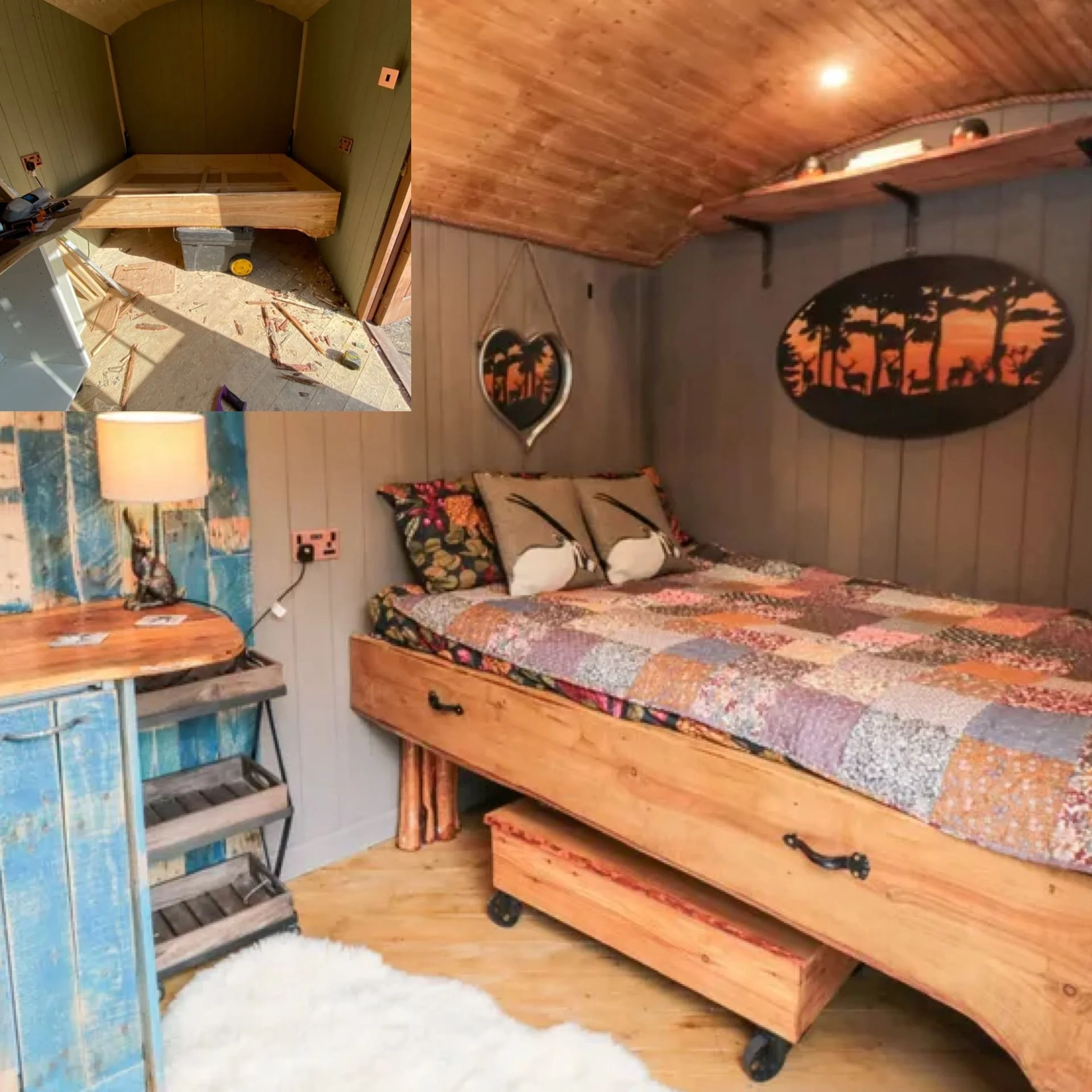 A cozy bedroom with wood-paneled walls and ceiling, featuring sunset silhouette art, nature-themed pillows, a patchwork quilt, and rustic furniture, including a bed on wheels and a side table.