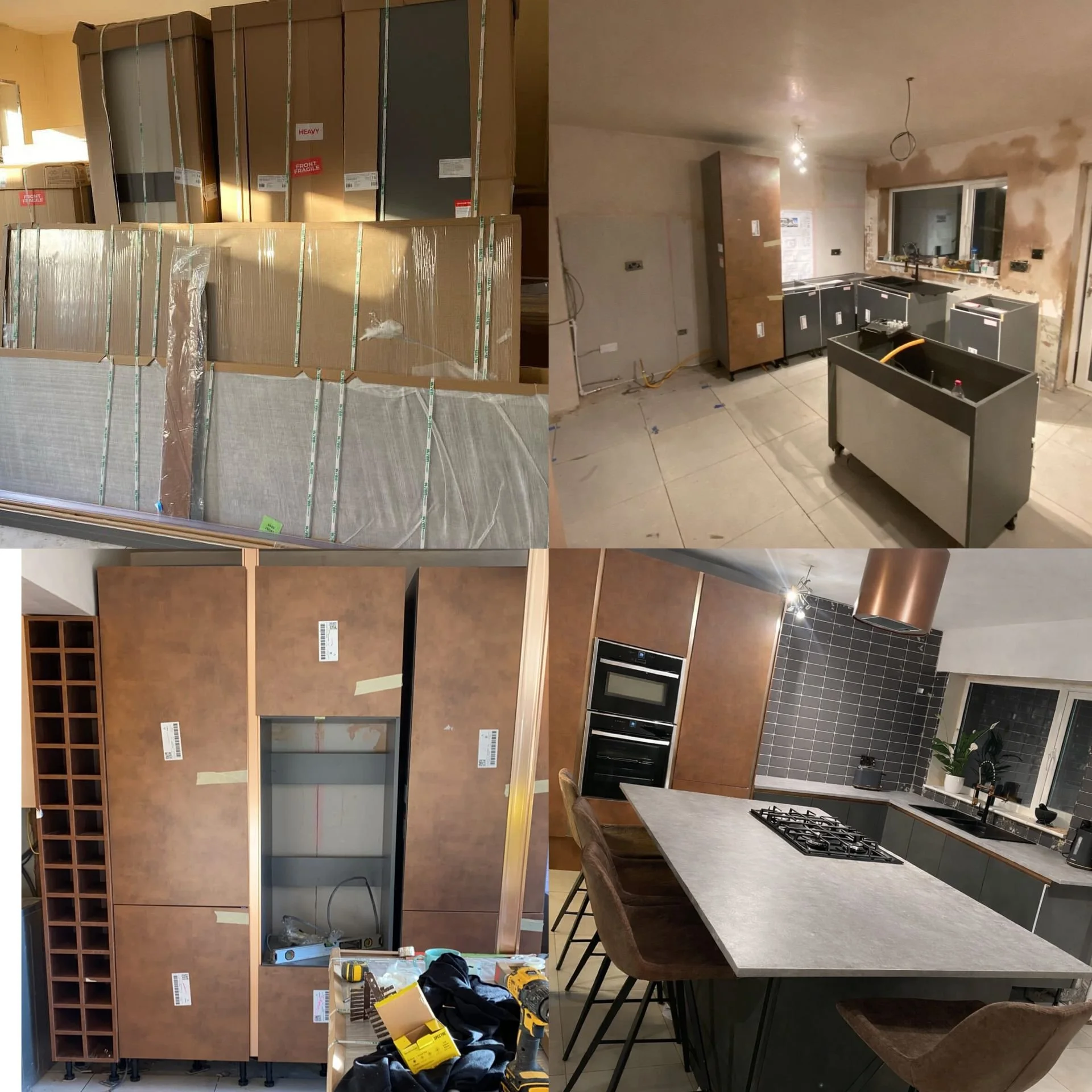 Document showing a collage of four stages of a kitchen renovation: top left with stacked tiles, top right with an unfinished kitchen under construction, bottom left with installed cabinetry, and bottom right with a completed kitchen featuring a large island, modern appliances, and a stylish backsplash.