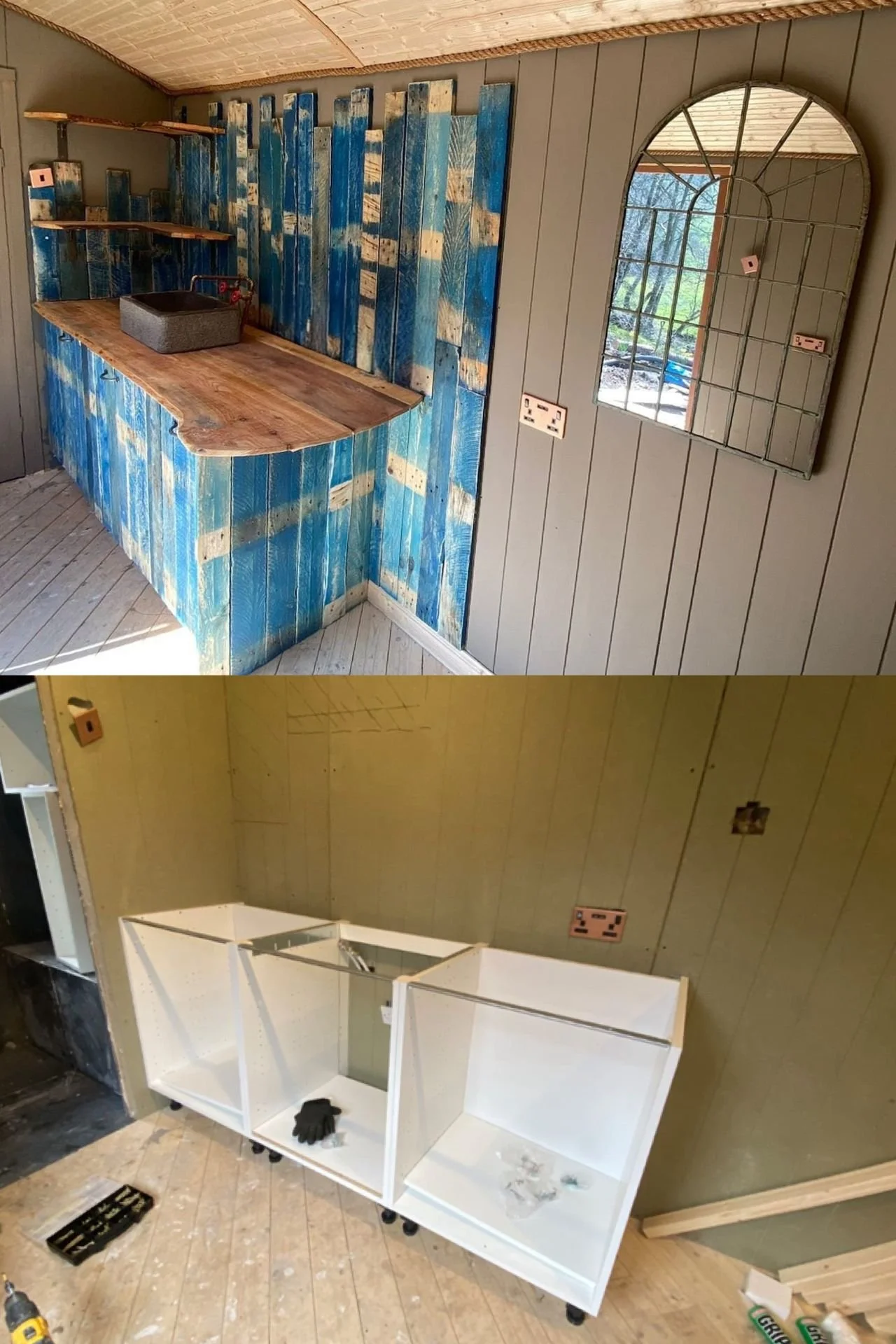 Two photos of a room during renovation. The top photo shows a wooden bar with a blue and white painted wood panel wall behind it, a black container on the bar, and floating shelves. The bottom photo shows a partially assembled white cabinet on small wheels against a green paneled wall, with tools and gloves around.
