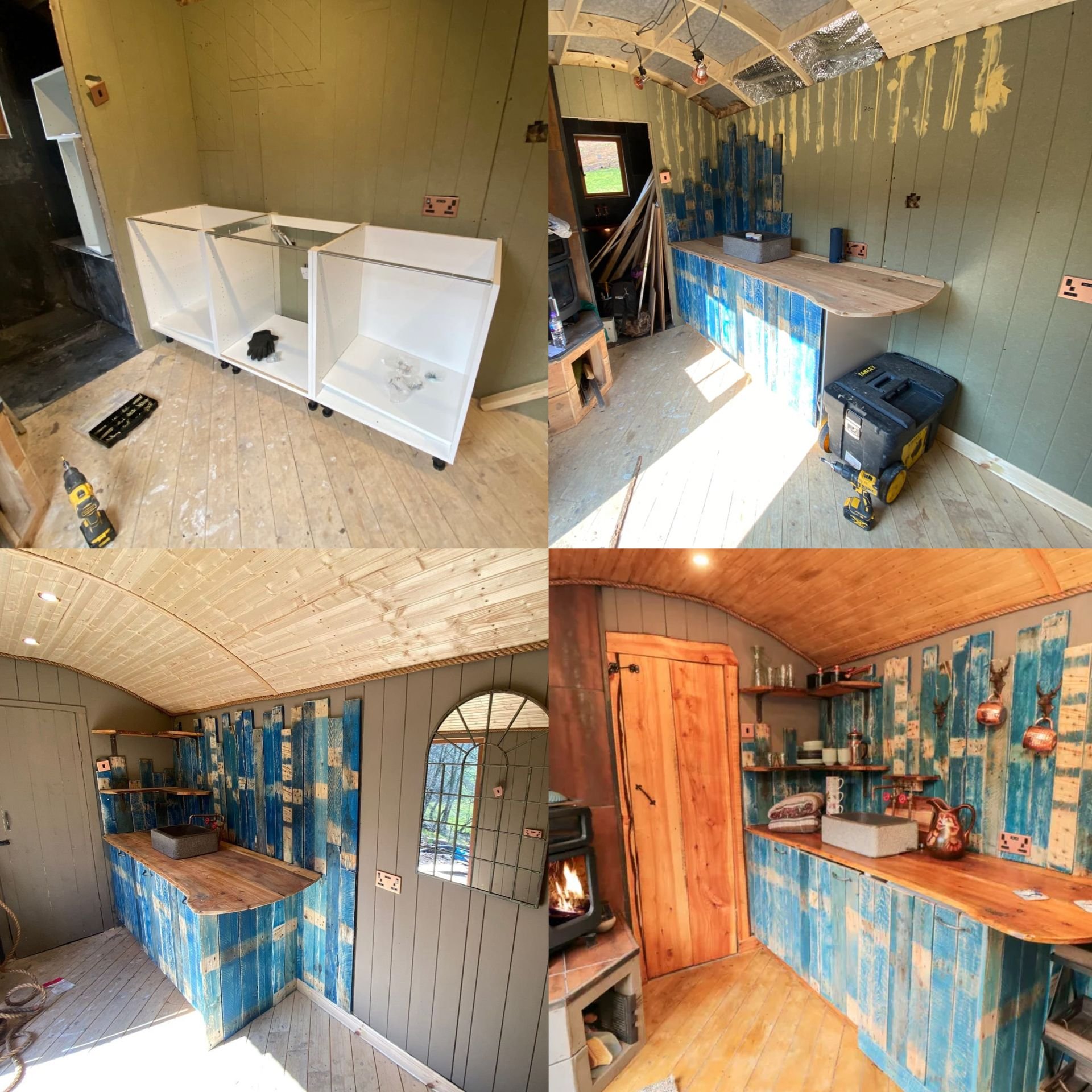 The collage shows a renovation project in progress on a small kitchen or bar area. The top left corner displays white cabinets on wheels being assembled. The top right shows a partially finished bar area with a wooden countertop, blue distressed wood paneling, and construction tools. The bottom left presents a completed rustic bar with a wooden countertop, blue weathered wood paneling, and a large arched window. The bottom right features a cozy nook with wooden cabinets, shelves, and a wood-paneled ceiling, along with various kitchenware and decorations.