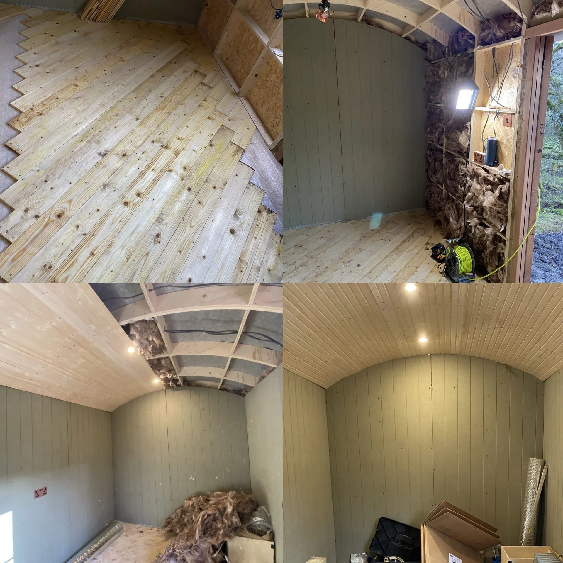 Series of photos showing the interior construction of a small room with new wooden flooring and green wall paneling. The ceiling is being finished with wood paneling and lighting installed. Construction tools and insulation materials are present.