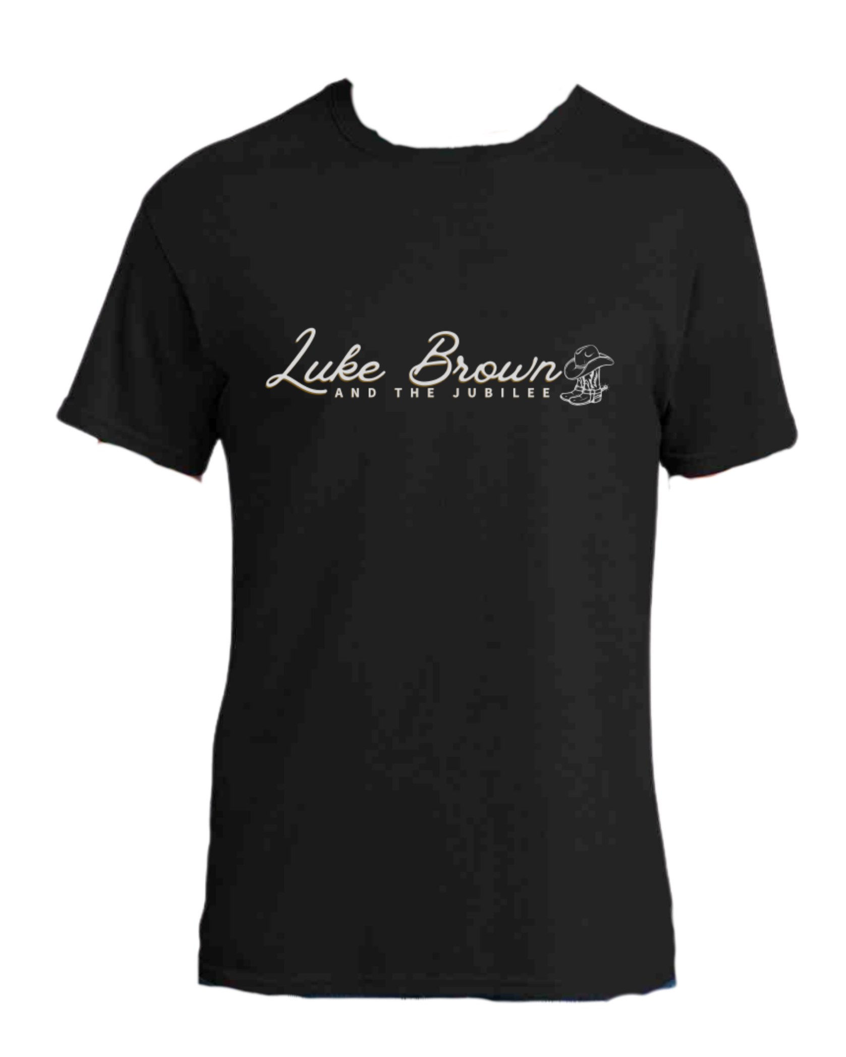 Black T-shirt with white cursive text reading 'Luke Brown' and smaller text below 'and the Jubilee', along with a small illustration of a cowboy hat and boots.
