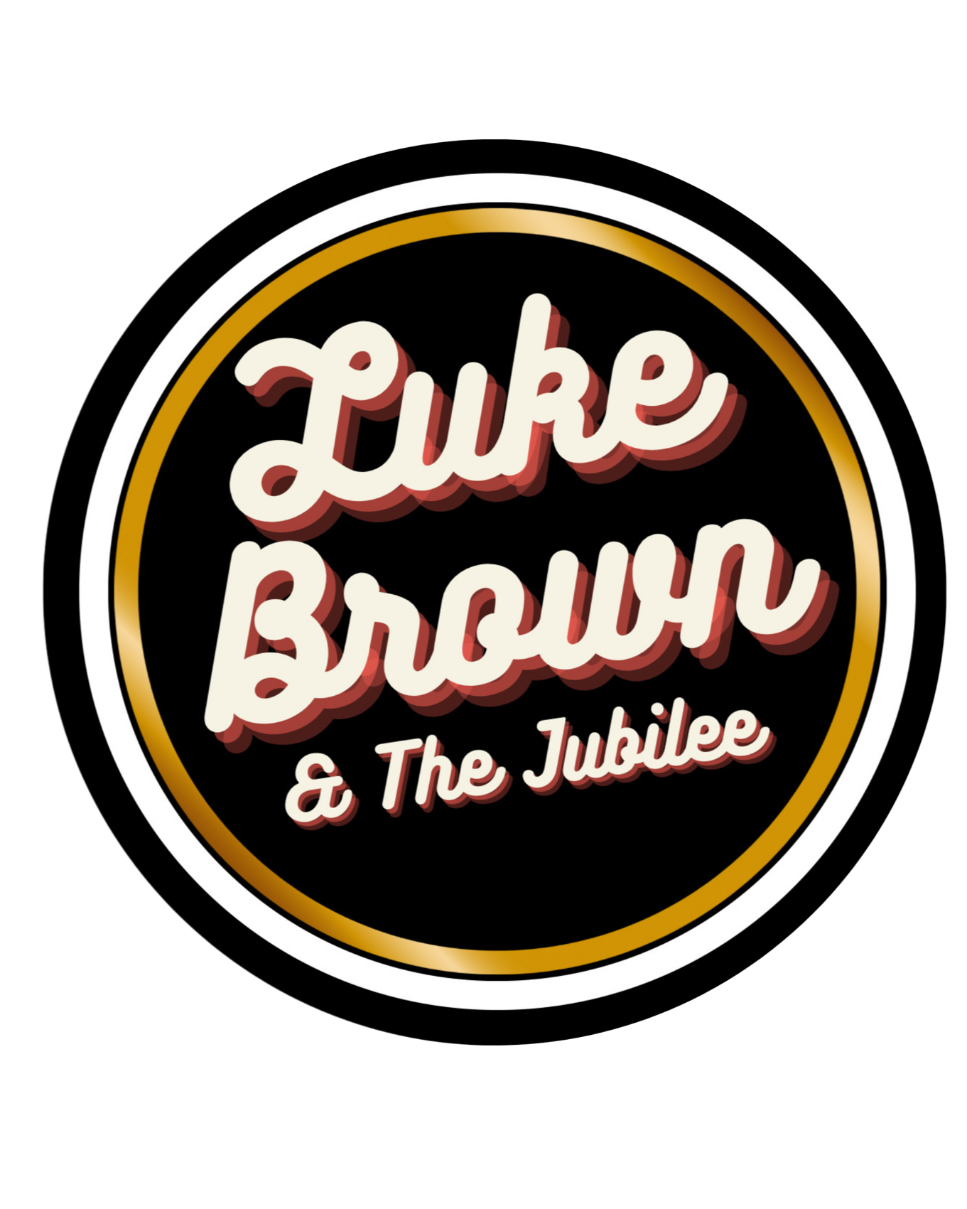 Logo with the text 'Luke Brown & The Jubilee' in vintage style, with a black background and gold and white circular border.