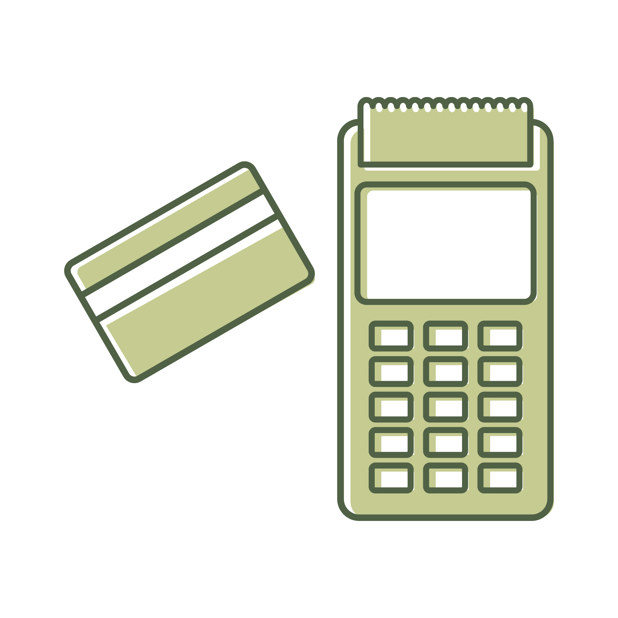 A green calculator with a roll of receipt paper on top, and a green credit card laying diagonally to the left of it.