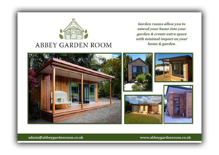 Flyer for Abbey Garden Room showcasing various garden rooms and structures with a green and white color scheme and contact information
