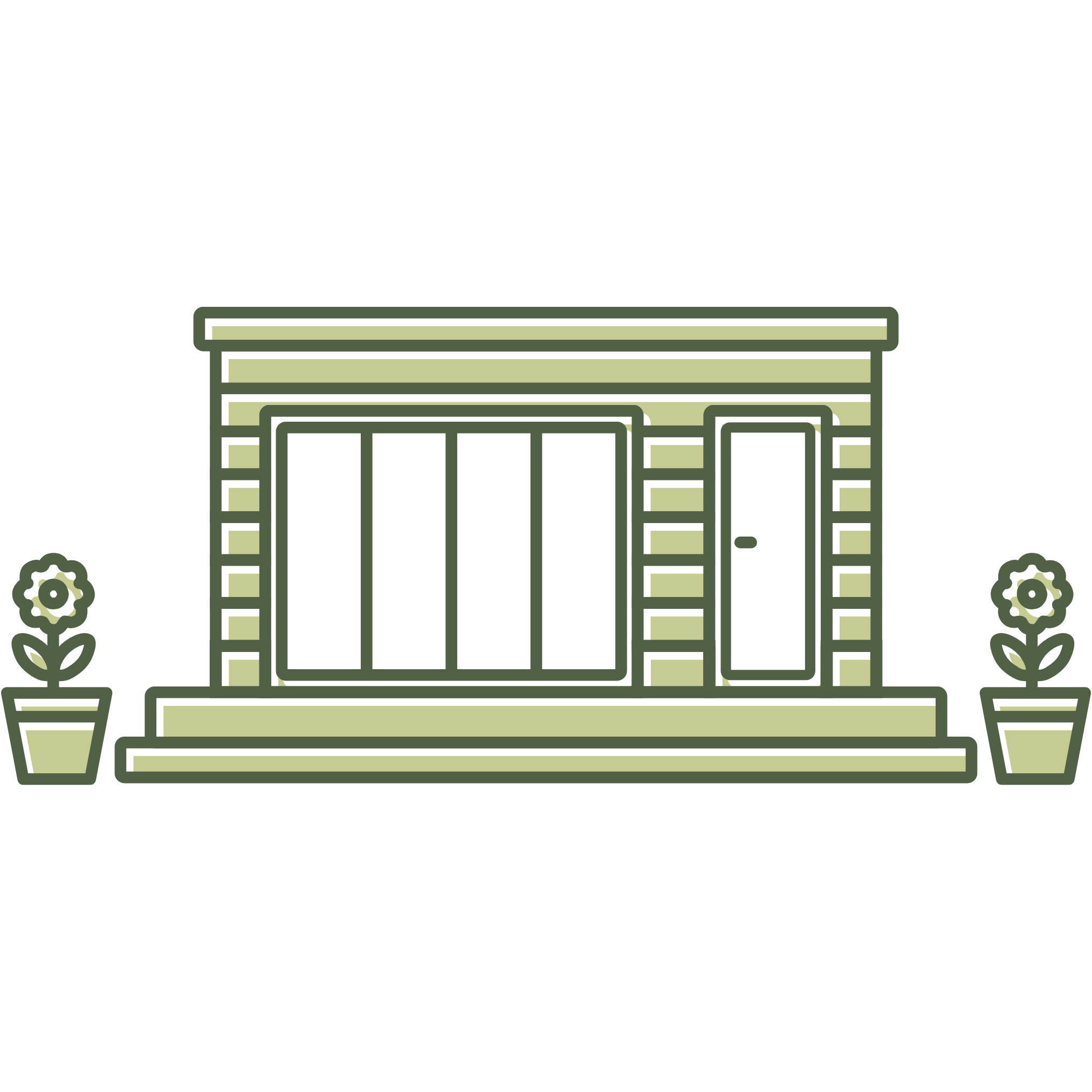 Outline drawing of a small house with sliding glass door and a side door, flanked by potted plants with flowers.