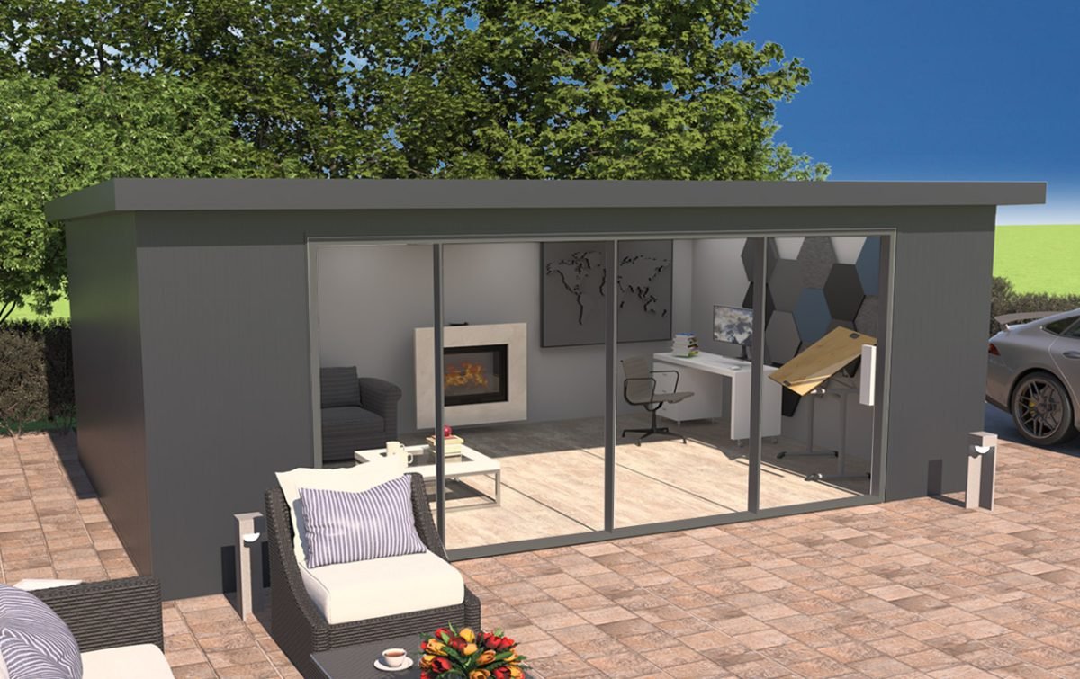 Modern outdoor living space with a glass-walled room, seating area, fireplace, desk with computer, and parked cars outside.