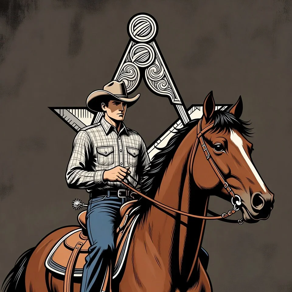 A man wearing a cowboy hat and plaid shirt riding a brown horse with a white stripe on its face, holding the reins, with a stylized compass symbol in the background.
