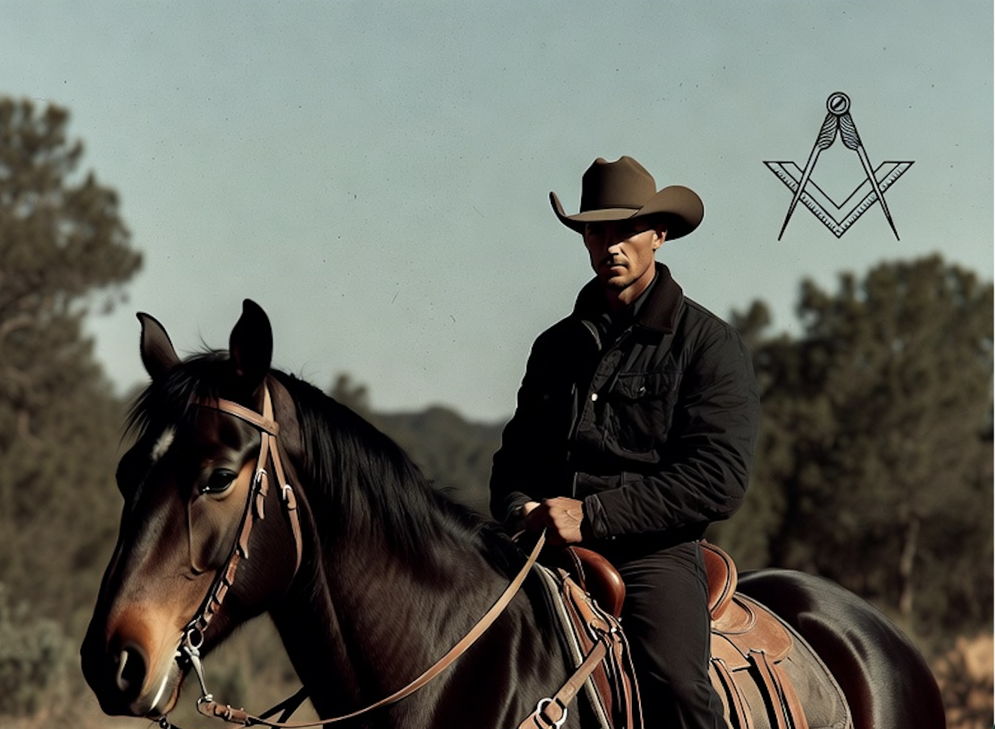 A man wearing a cowboy hat and black jacket riding a brown horse with a western saddle in an outdoor setting with trees in the background.