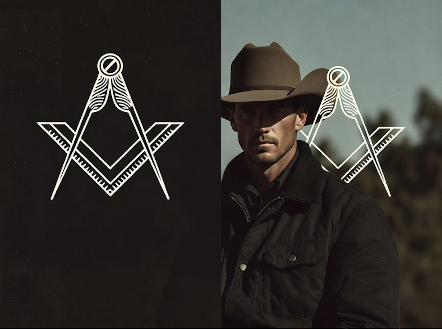 A man wearing a cowboy hat and black jacket, standing outdoors during daytime, with a digital graphic of square and compass symbols with two compasses, one open and one closed, superimposed on the image.