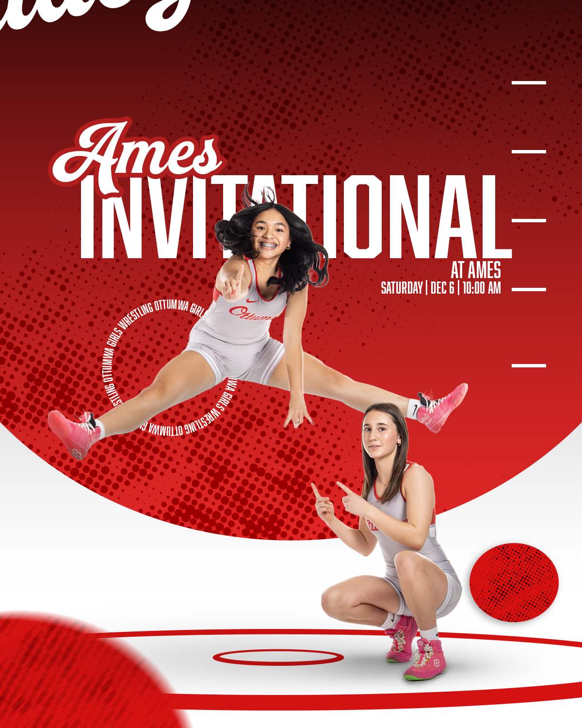 Banner for the Ames Invitational wrestling event featuring two cheerleaders in white uniforms with red accents. One cheerleader is jumping in mid-air with a wide smile, and the other is squatting, pointing upwards. The background is red with white an