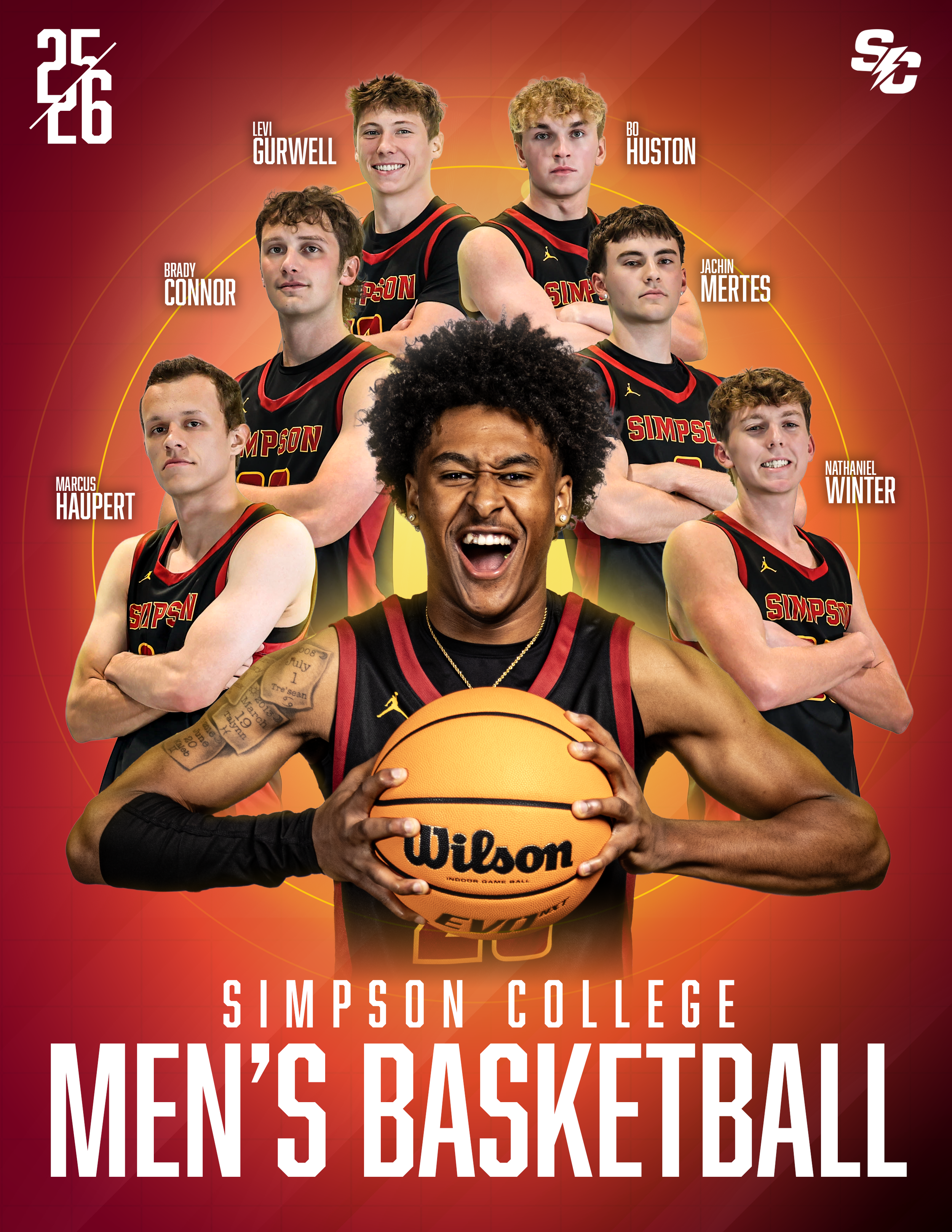 Poster of Simpson College men's basketball team featuring seven players in basketball uniforms, with the player in front holding a Wilson basketball. The background is red with yellow lines and the text includes the team's name, college, and sport.