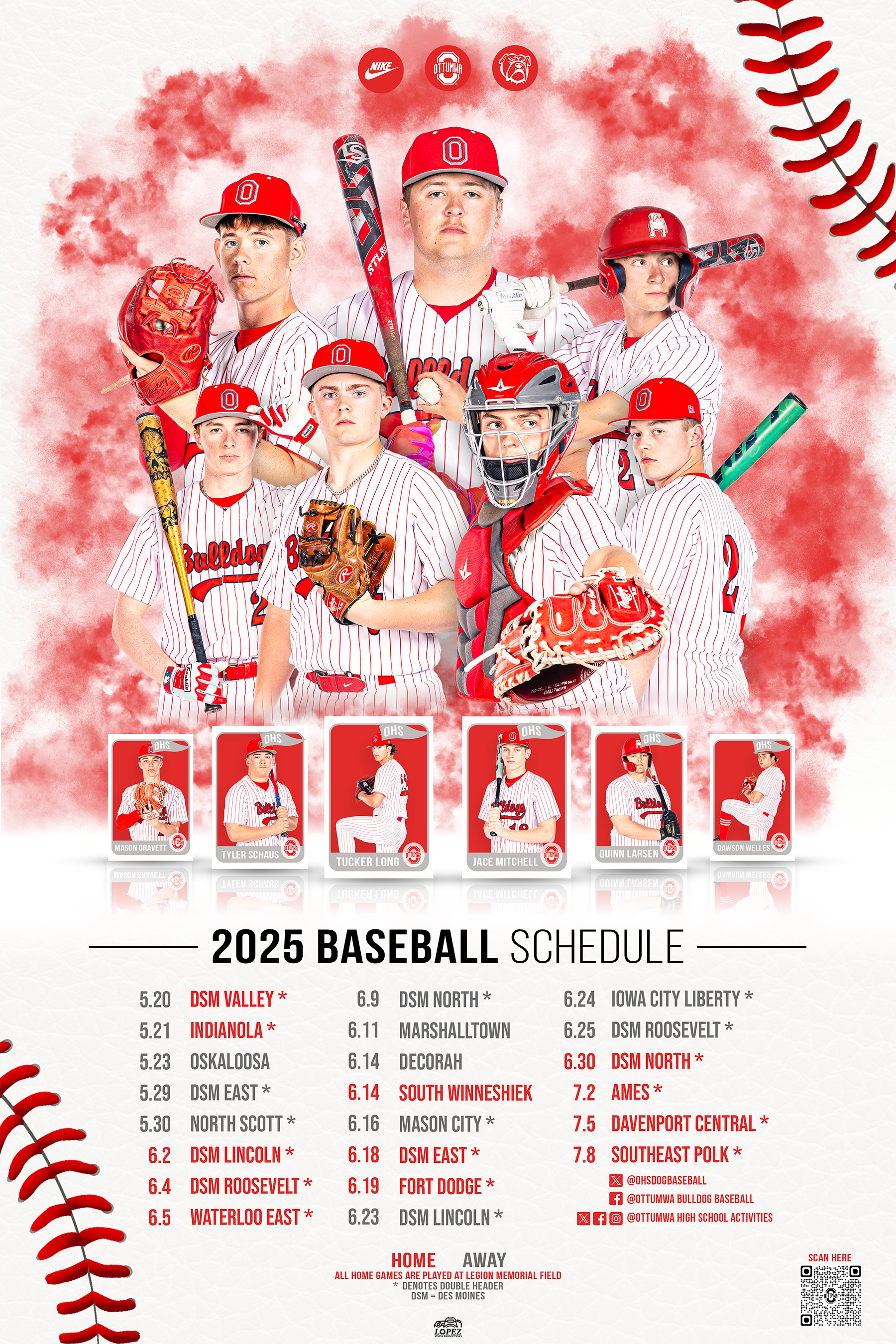 The image shows a group of young baseball players in red and white uniforms, with helmets and equipment, posing for a team photo. There is a lineup of player cards with their names at the bottom and a 2025 baseball schedule listing game dates and opp