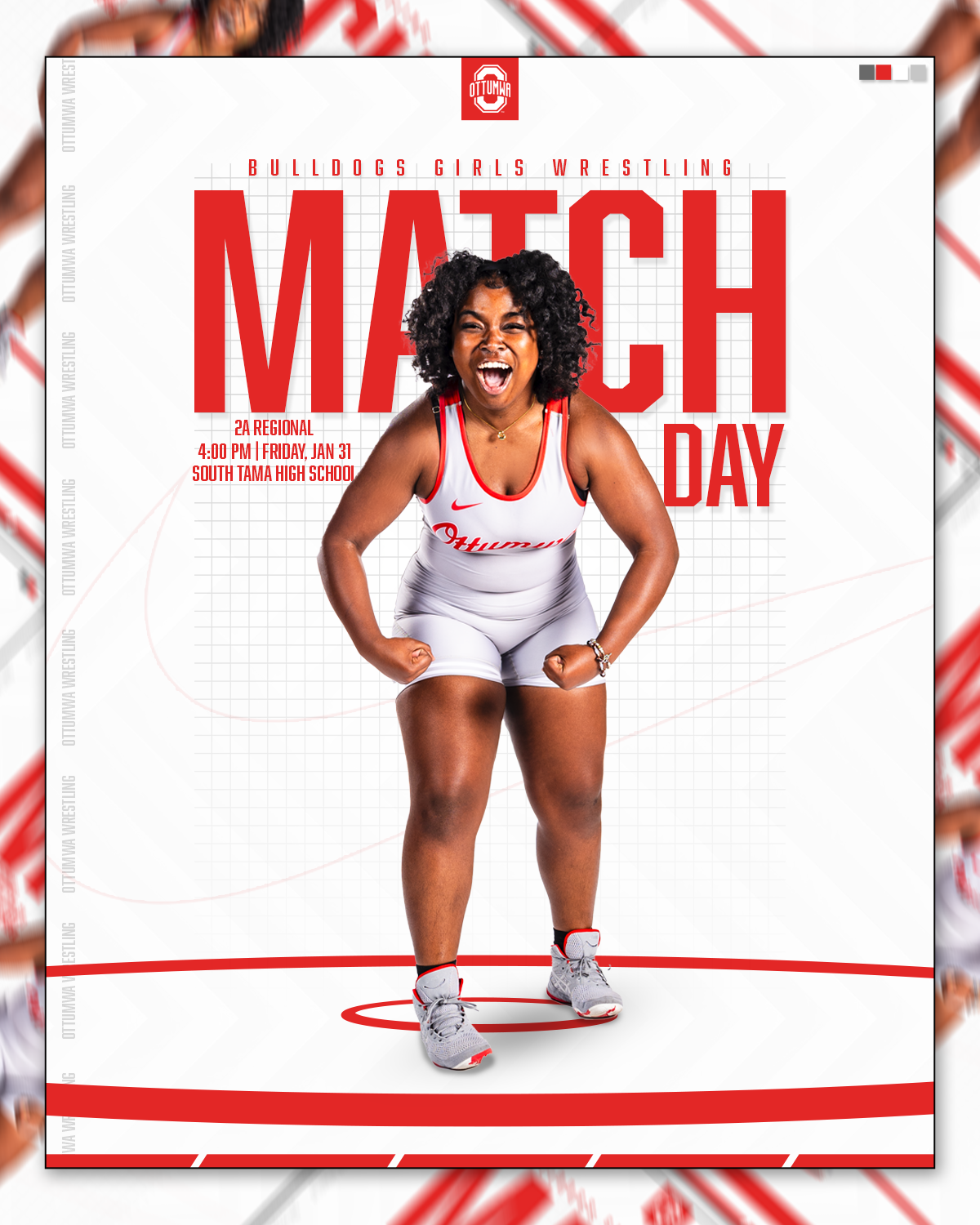 Promotional poster showing a woman in a wrestling uniform celebrating on a wrestling mat. The poster advertises a Bulldogs Girls Wrestling match on Friday, January 31 at 4:00 PM at South Tama High School.