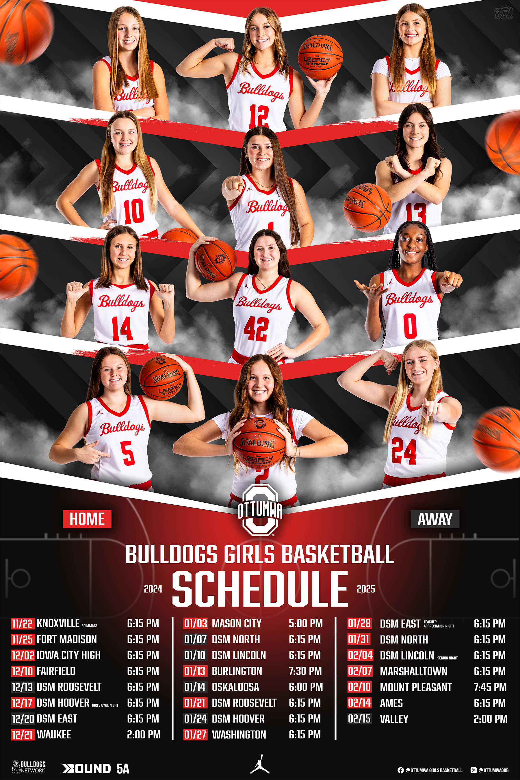 Poster featuring a girls' basketball team with players in athletic uniforms, some holding basketballs, and a schedule of upcoming games for the 2024-2025 season.
