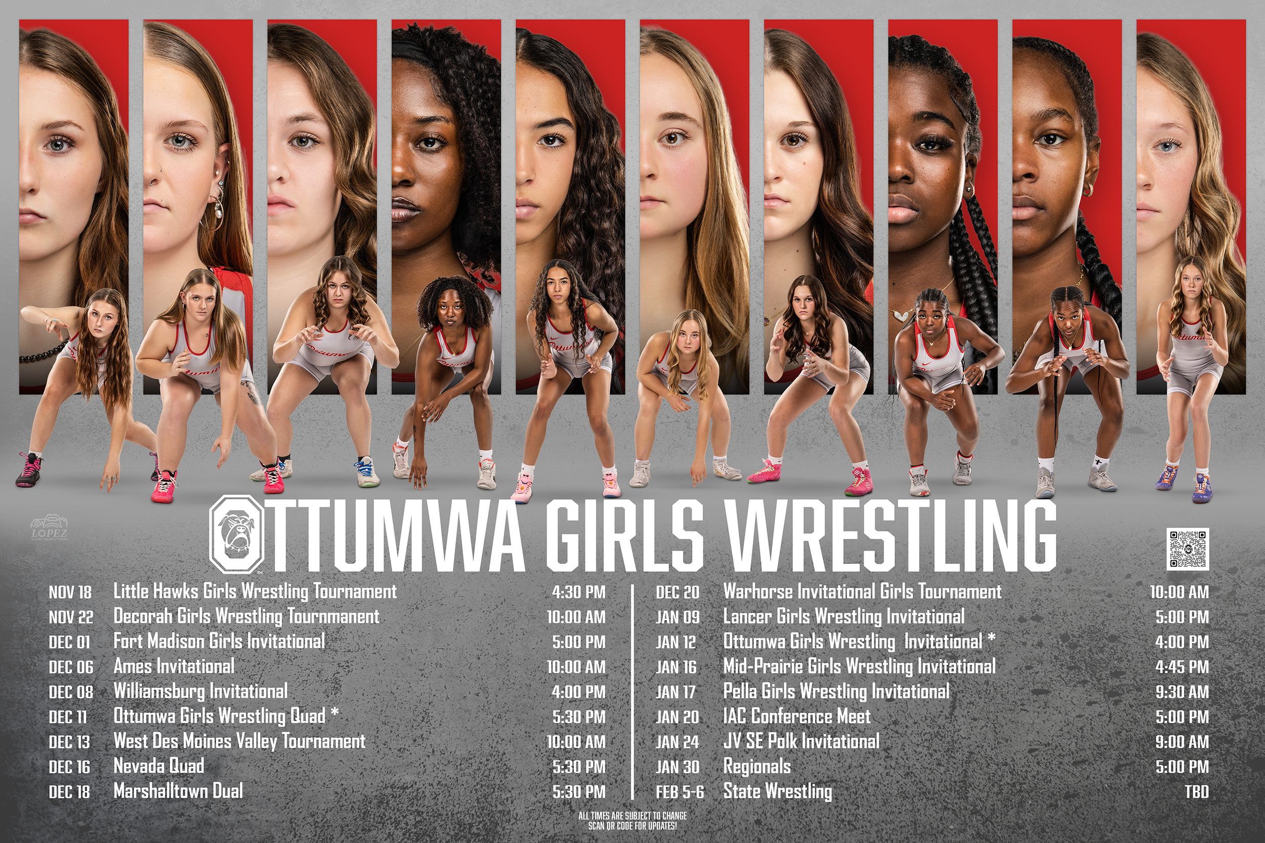 Poster promoting Ottumwa Girls Wrestling events with images of young girls in wrestling stances and headshots, listing dates and times of various tournaments from November to February.