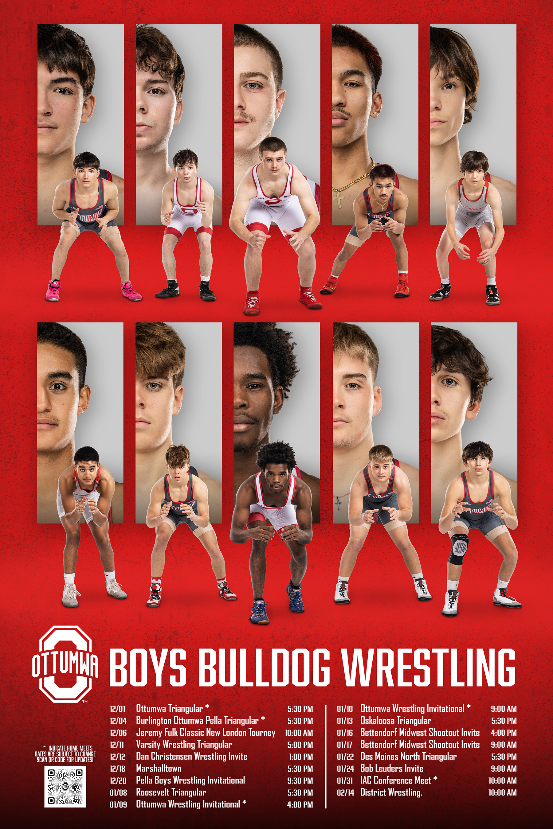 Poster for boys wrestling team with photos of 10 athletes in action poses and close-up portraits, along with event schedule and logo at the bottom.