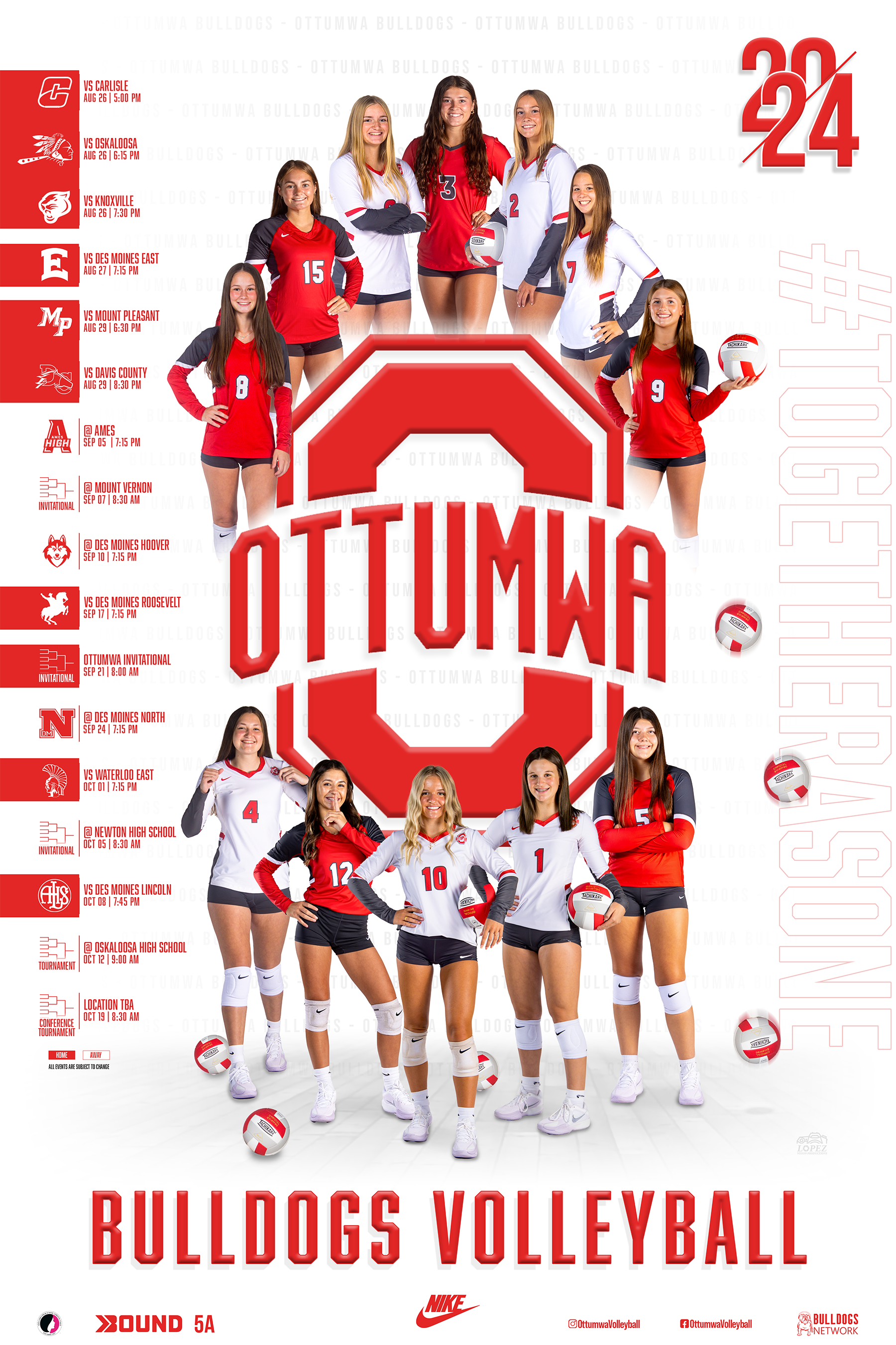Poster for Ottumwa Bulldogs Volleyball team featuring players in red and white uniforms, with schedule details on the left side and the Bulldogs logo in the center.