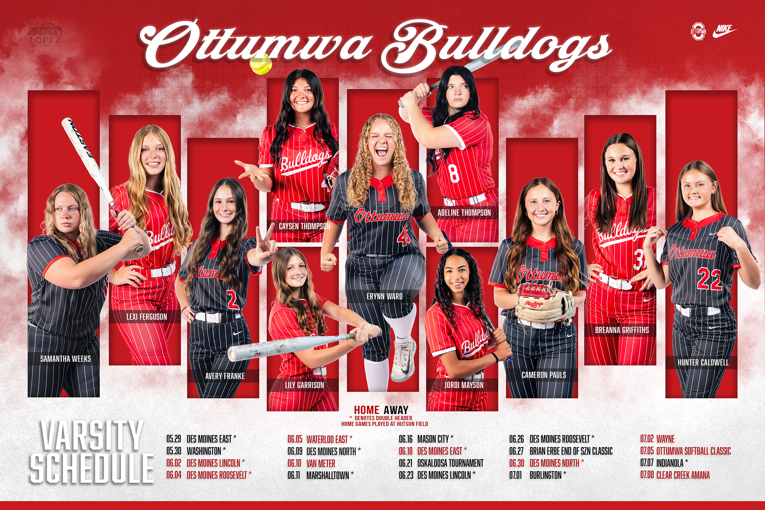 Ottumwa Bulldogs varsity softball team roster and schedule. Features players in red and black uniforms, with some holding softball equipment, set against a red background with a graph-like design and schedule details at the bottom.