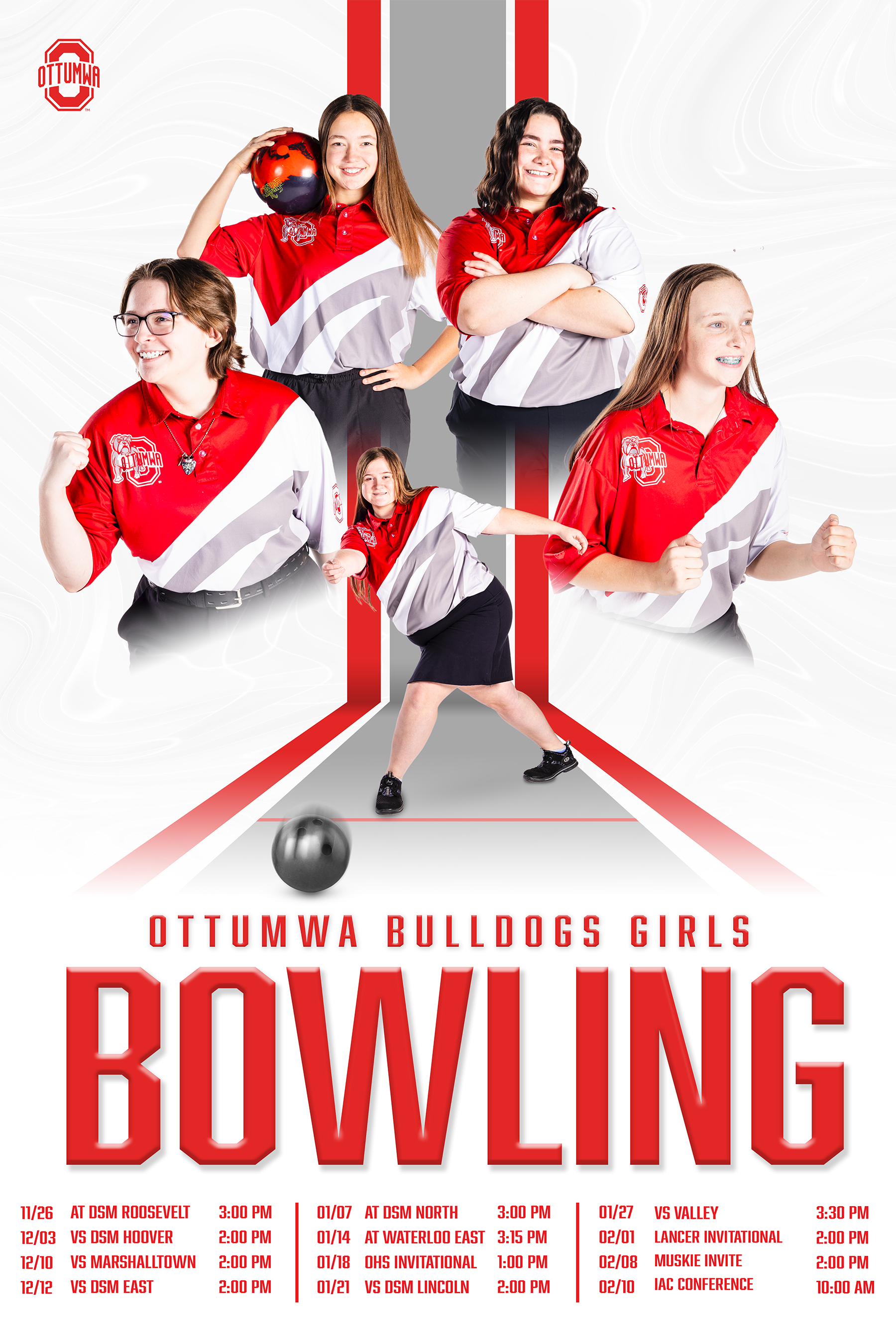 Poster promoting Ottumwa Bulldogs girls' bowling team with five girls in team jerseys, some posing cheerfully and one holding a bowling ball, with a bowling alley background and schedule of matches listed at the bottom.