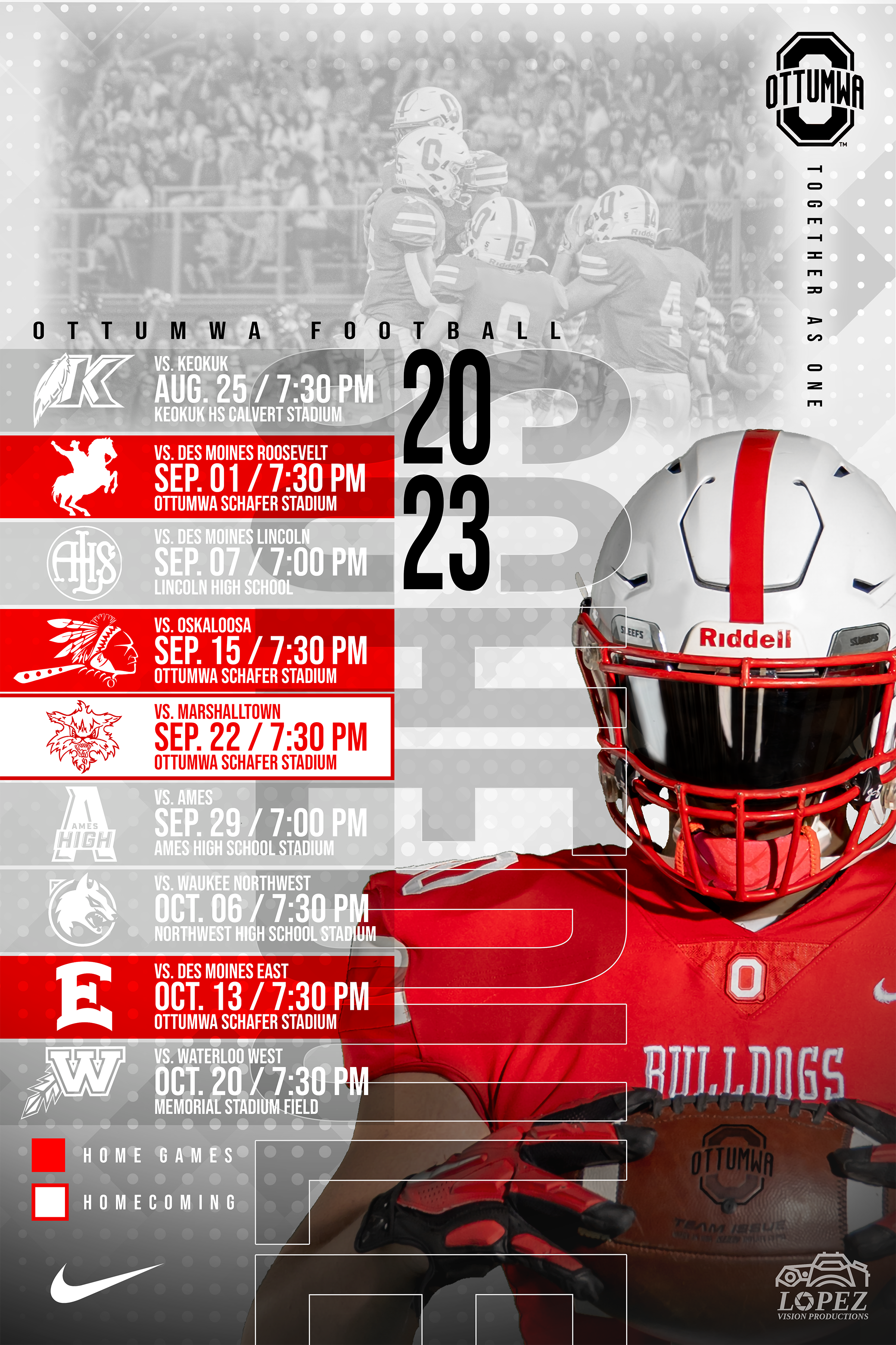 Football schedule for Ottumwa High School, including upcoming home games on September 1, September 15, September 22, October 13, and October 20, with game times and locations listed; background features a crowd at a football game; foreground features