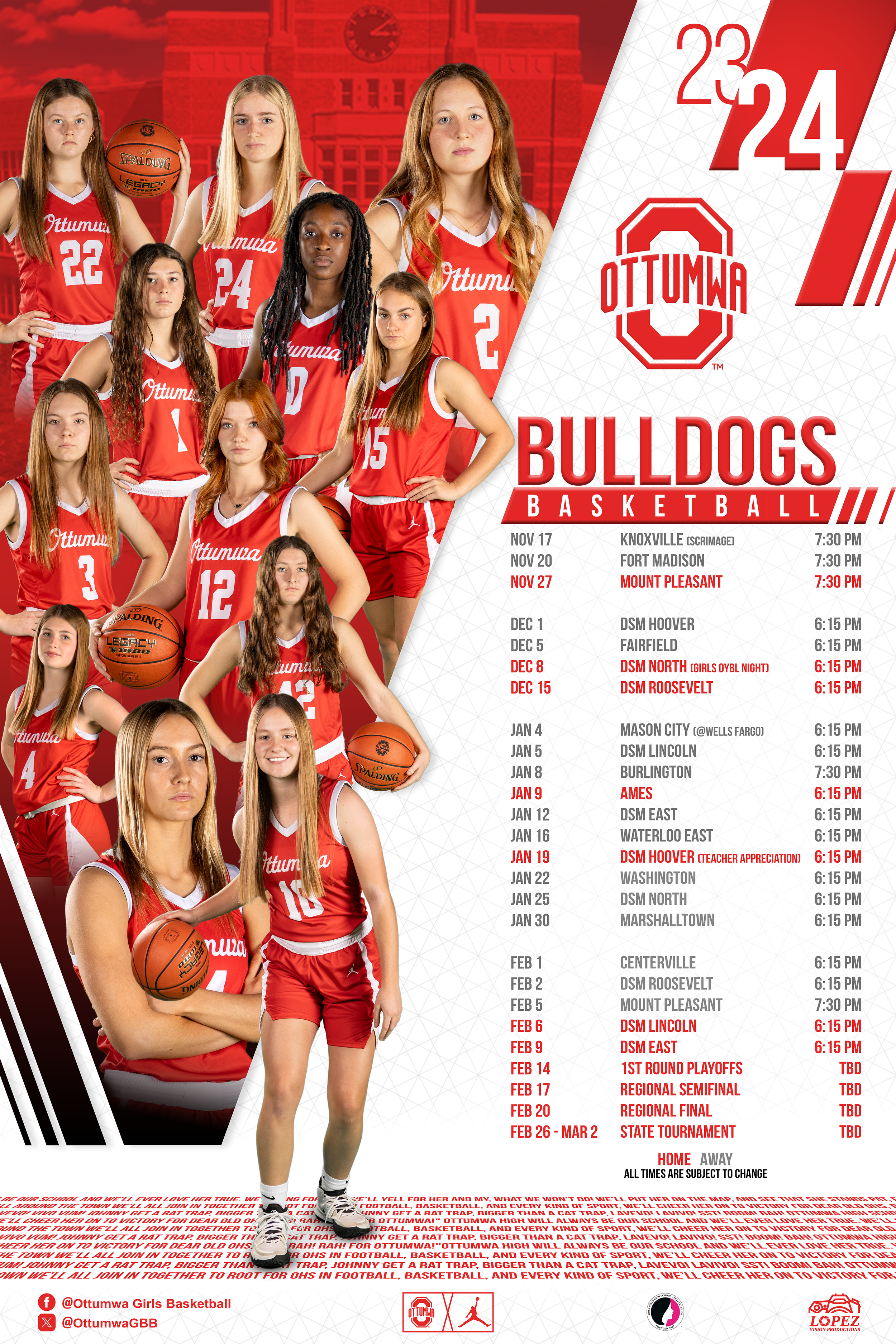 Ottumwa Bulldogs girls basketball team with players in red uniforms and a schedule of upcoming games.